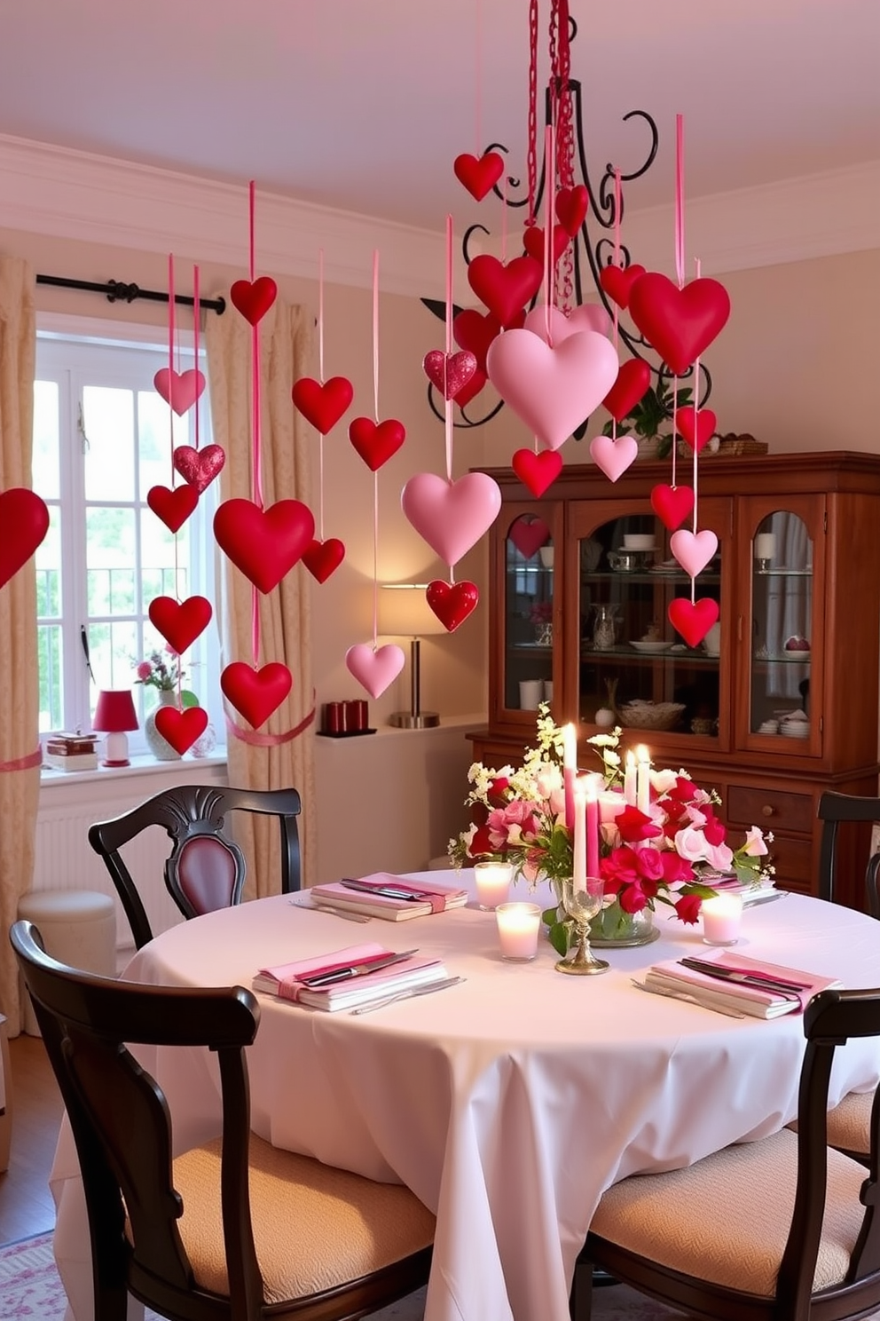 A charming dining room adorned for Valentine's Day, featuring hanging heart ornaments in various shades of red and pink. The table is elegantly set with a white tablecloth, delicate floral arrangements, and soft candlelight creating a romantic atmosphere.