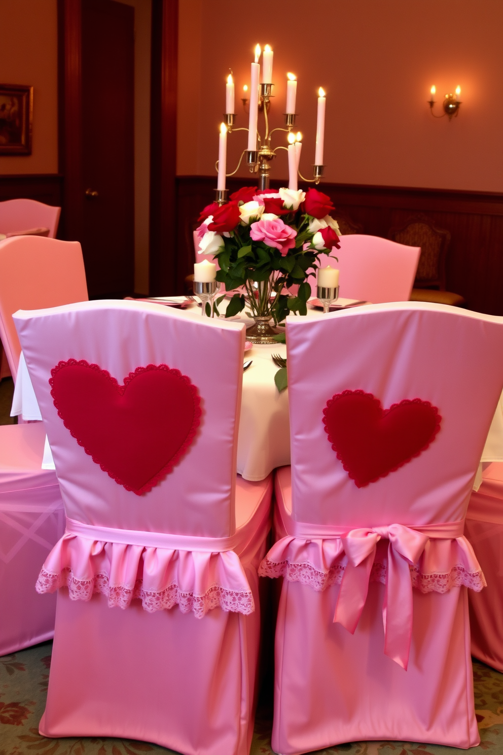 Valentine-themed chair covers adorned with soft pink and red fabrics, featuring heart motifs and delicate lace trim. The dining room is set with a romantic ambiance, accented by flickering candles and a centerpiece of fresh roses in varying shades of red and white.