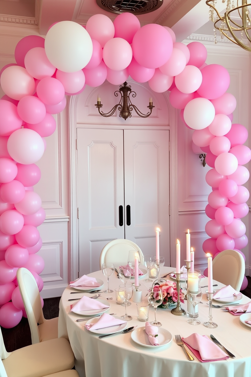 A whimsical dining room adorned with a stunning pink and white balloon arch that gracefully frames the entrance. The table is set for a romantic Valentine's Day dinner, featuring elegant white dinnerware and soft pink napkins, complemented by flickering candlelight.