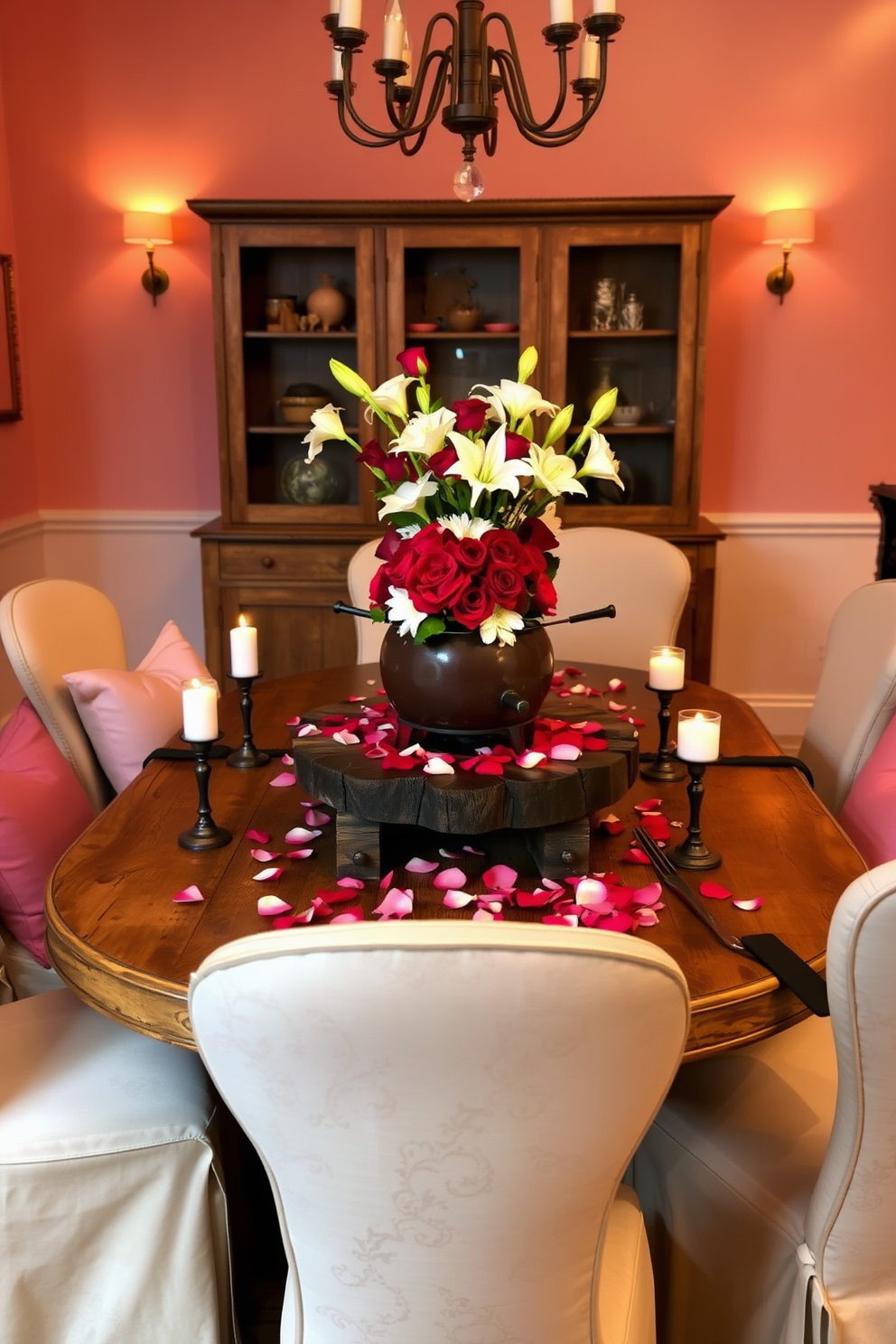 A romantic dining room setting for Valentine's Day, featuring a beautifully arranged chocolate fondue centerpiece on a rustic wooden table. Surrounding the table are elegant, upholstered chairs adorned with soft, pastel cushions, and the table is decorated with scattered rose petals and flickering candlelight. The walls are painted in a warm blush tone, complementing the rich brown of the fondue pot. Soft, ambient lighting creates an intimate atmosphere, while a floral arrangement of red roses and white lilies sits gracefully as a focal point on the table.