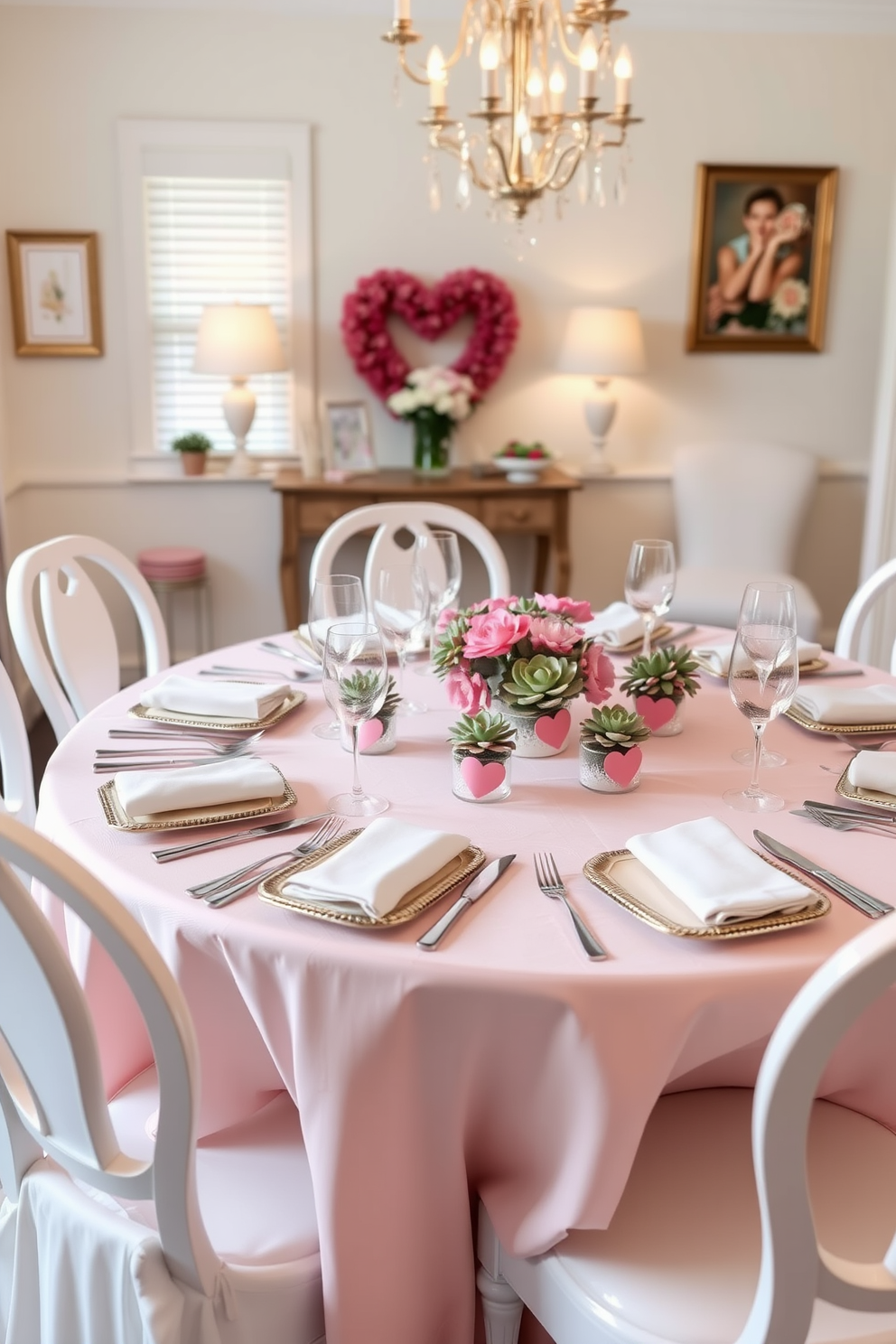 A charming dining room setup for Valentine's Day, featuring a beautifully set table adorned with mini heart-shaped succulent favors as unique centerpieces. The table is draped with a soft, blush pink tablecloth, and surrounded by elegant white chairs, creating a warm and inviting atmosphere for a romantic meal.