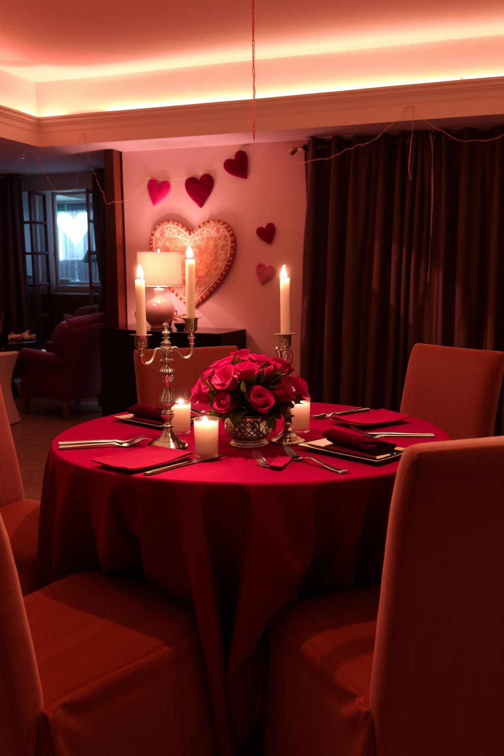 A romantic dining room setting for Valentine's Day. The table is elegantly set with a deep red tablecloth, adorned with white candles in ornate holders and a bouquet of fresh roses at the center. Soft, ambient lighting casts a warm glow across the room, enhancing the intimate atmosphere. Heart-shaped decorations hang delicately from the walls, while plush chairs invite guests to sit and enjoy a cozy meal together.