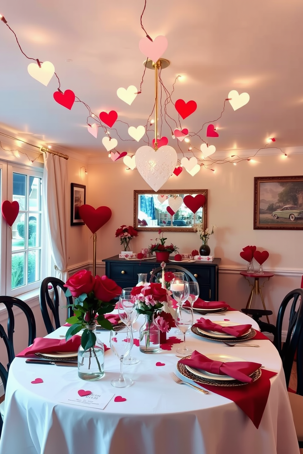 A whimsical dining room adorned for Valentine's Day featuring a heart-shaped fairy light garland strung across the ceiling, casting a warm and enchanting glow. The table is elegantly set with a white tablecloth, romantic red and pink floral arrangements, and heart-themed dinnerware, creating an inviting atmosphere for a special celebration.