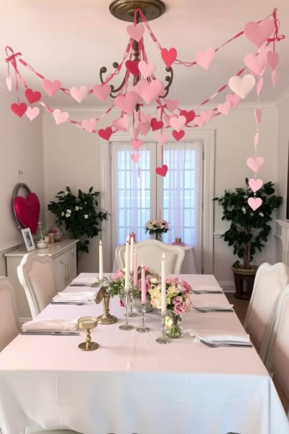 A charming dining room adorned with a handmade heart garland that drapes elegantly across the ceiling. The table is set with white linens, romantic candles, and delicate floral arrangements, creating an inviting atmosphere for a Valentine's Day celebration.