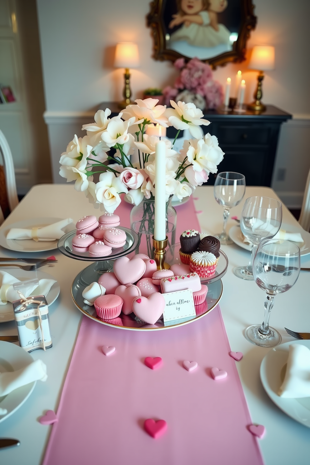 A charming dining room centerpiece for Valentine's Day features a beautifully arranged display of sweet treats, including heart-shaped cookies, pink macarons, and delicate chocolate truffles. Surrounding the treats, soft pastel flowers in a vase add a romantic touch, while flickering candlelight enhances the cozy atmosphere. The dining table is elegantly set with fine china and crystal glassware, complemented by a soft pink table runner. Heart-themed place cards and small decorative hearts scattered across the table complete the festive look, inviting guests to indulge in the sweet celebration.