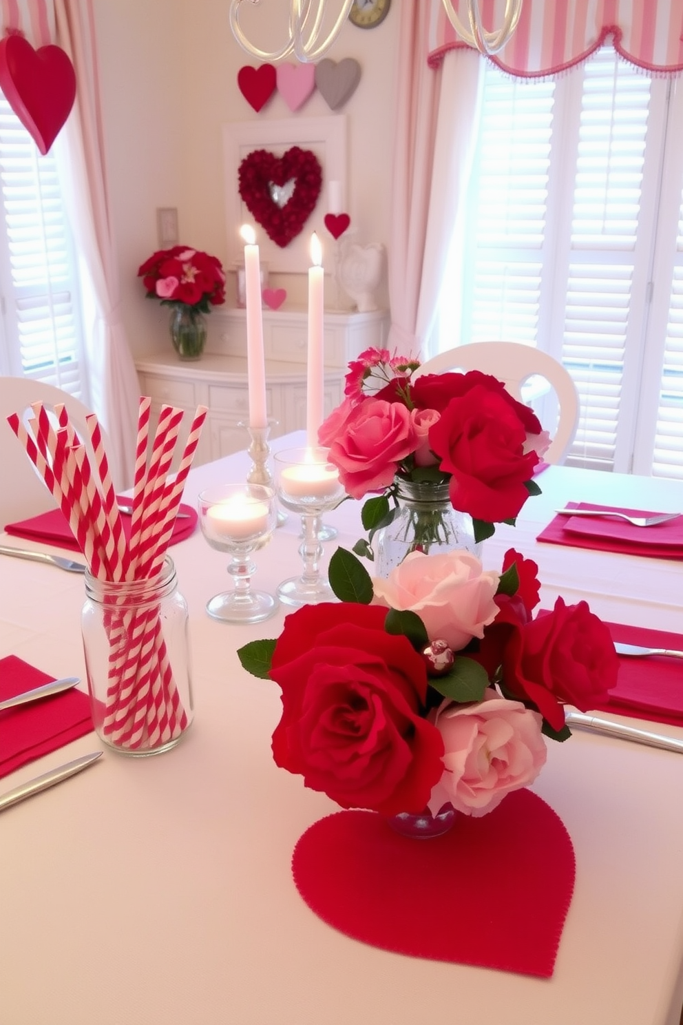 A charming dining room adorned for Valentine's Day features a beautifully set table with a crisp white tablecloth. Red and white striped straws are placed in elegant glass jars, adding a playful touch to the romantic atmosphere. Soft candlelight flickers from heart-shaped holders, casting a warm glow across the table. Fresh flowers in shades of red and pink are arranged in a centerpiece, enhancing the festive decor and inviting a cozy ambiance.