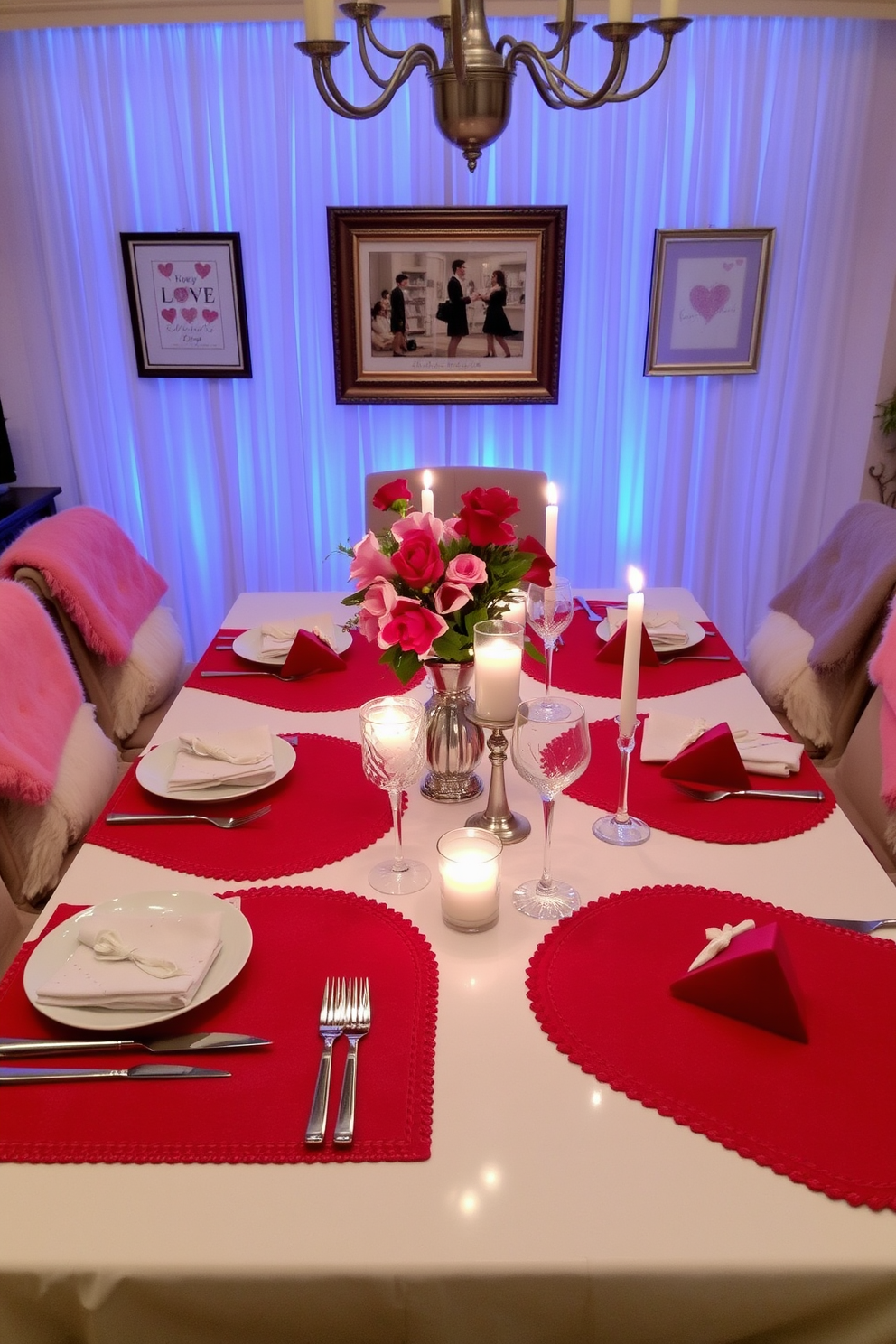 A romantic dining room setting for Valentine's Day, featuring elegant table mats adorned with red and pink heart patterns. The table is set with fine china, crystal glasses, and flickering candles, creating an intimate atmosphere for a special dinner. Fresh flowers in a vase center the table, while soft, ambient lighting enhances the warm, inviting feel of the space. Surrounding the table, plush chairs are draped with soft throws in coordinating colors, adding a cozy touch to the decor.