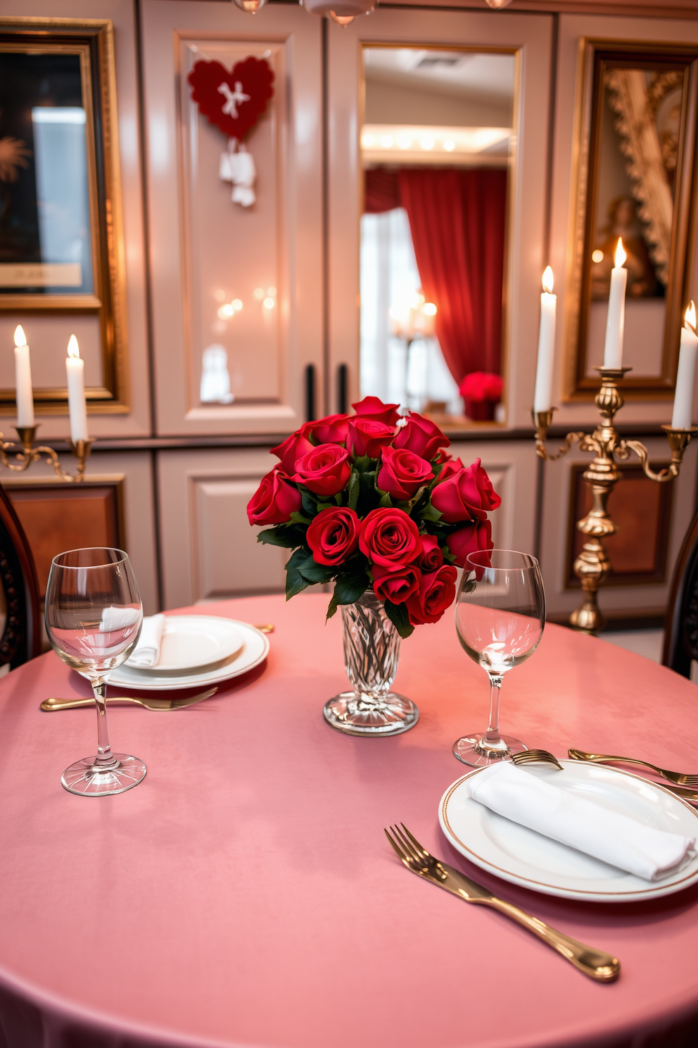 A luxurious dining room setting adorned for Valentine's Day features an elegant wooden dining table set for two. The table is dressed with a soft pink tablecloth, and a centerpiece of fresh red roses in a crystal vase adds a romantic touch. A stunning gold cutlery set is meticulously arranged on crisp white plates, complemented by delicate wine glasses. Soft candlelight flickers from ornate candlesticks, creating an intimate atmosphere perfect for a special evening.