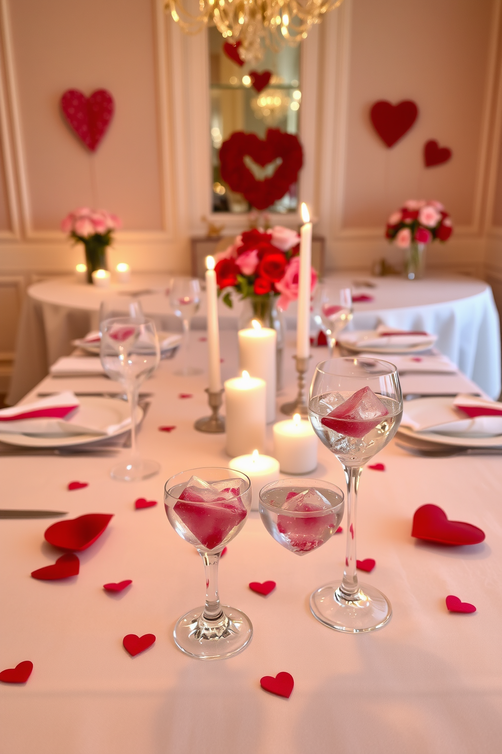 A romantic dining room setting for Valentine's Day. The table is elegantly set with a white tablecloth, adorned with heart-shaped ice cubes in crystal glasses, casting a playful shimmer. Soft, warm lighting creates an intimate atmosphere, with candles flickering in the center of the table. Delicate floral arrangements in shades of red and pink enhance the romantic vibe, while heart-themed decorations add a festive touch.