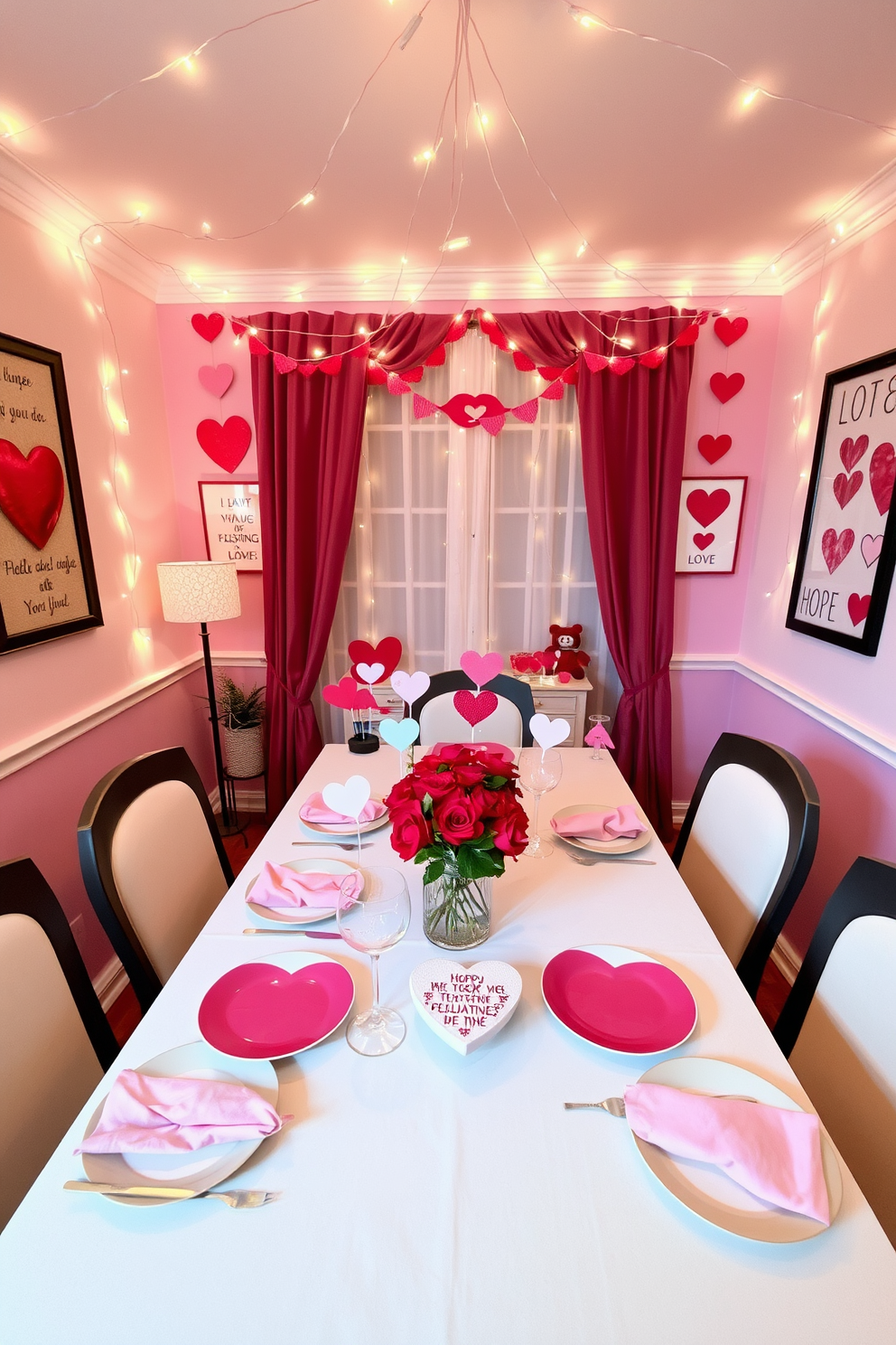 A romantic dining room setting adorned with love-themed photo props. The table is elegantly set with heart-shaped plates and soft pink napkins, while a centerpiece of red roses adds a touch of passion. Fairy lights are draped across the ceiling, creating a warm, inviting glow. On the walls, framed love quotes and playful heart garlands enhance the Valentine's Day ambiance.