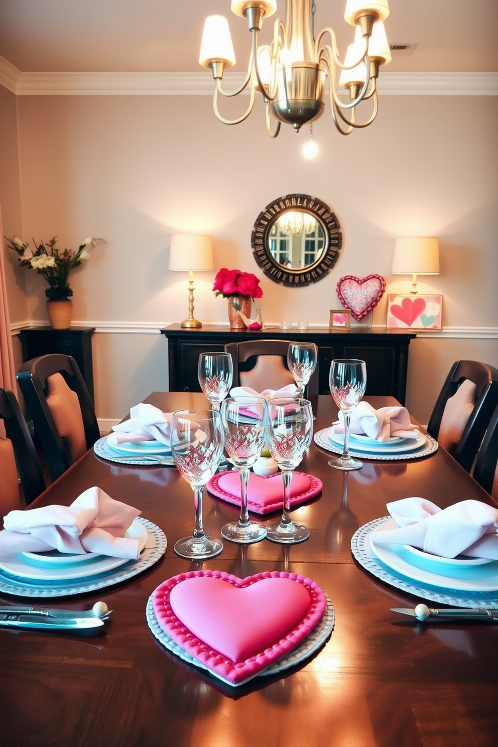 A charming dining room setting adorned with heart-shaped coasters placed on a polished wooden table. The table is elegantly set with fine china, crystal glassware, and soft pink napkins, creating a romantic atmosphere for Valentine's Day. The room features soft, ambient lighting from a stylish chandelier above, casting a warm glow over the space. Fresh flowers in a vase and heart-themed decorations on the sideboard enhance the festive decor, inviting guests to enjoy a lovely meal together.