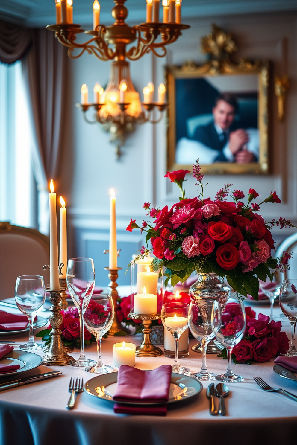 A romantic dining room setting adorned with vibrant red and pink floral arrangements as the centerpiece. The table is elegantly set with fine china and crystal glassware, complemented by soft candlelight that enhances the warm atmosphere.