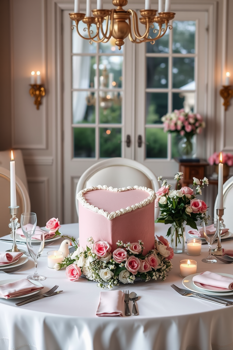 A stunning dining room adorned for Valentine's Day features a heart-shaped cake centerpiece elegantly placed on a beautifully set table. Surrounding the cake are delicate floral arrangements in soft pinks and whites, complemented by romantic candlelight that creates a warm and inviting atmosphere.