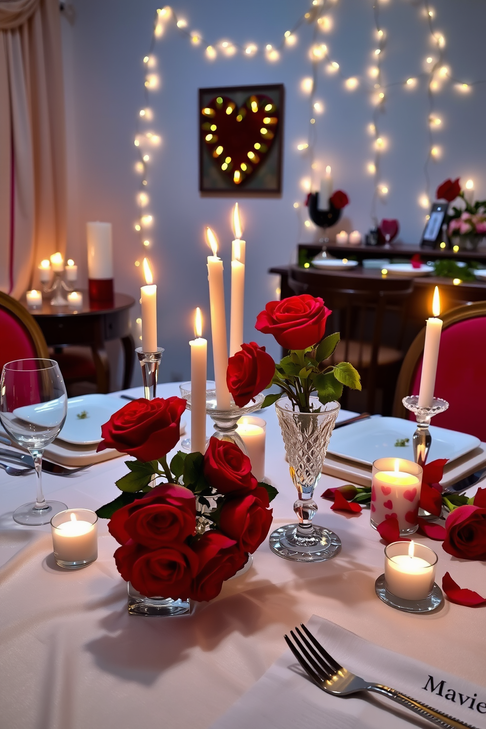 A romantic candlelit dinner setting features a beautifully set table adorned with a soft, white tablecloth and elegant dinnerware. Flickering candles of varying heights create a warm glow, while fresh red roses in a crystal vase add a touch of romance. The dining room is decorated with heart-shaped accents and delicate fairy lights draped along the walls. Soft music plays in the background, enhancing the intimate atmosphere for a perfect Valentine's Day celebration.