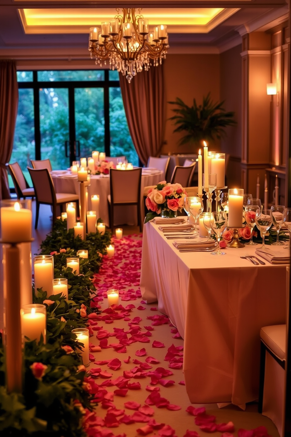 A romantic candle pathway leads guests into an enchanting dining room, illuminated by the soft glow of flickering flames. Lush greenery and delicate rose petals line the path, creating an inviting atmosphere perfect for a Valentine's Day celebration. The dining table is elegantly set with fine china and crystal glassware, adorned with a centerpiece of fresh blooms and candles of varying heights. Soft, warm lighting enhances the intimate setting, while heart-themed accents add a playful touch to the decor.