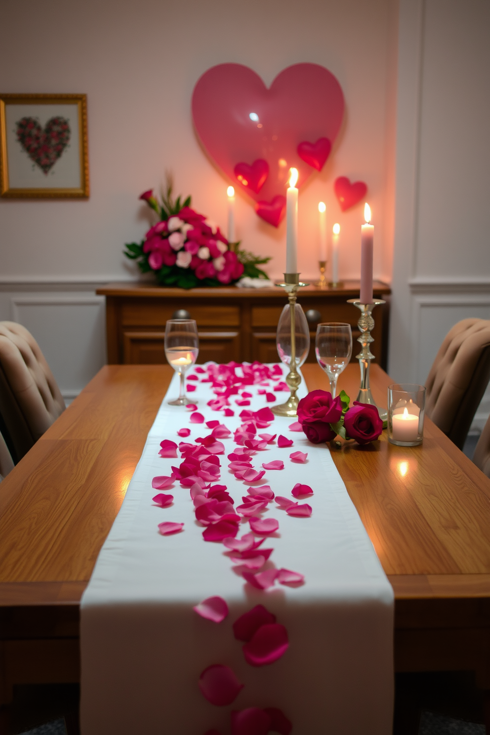 A romantic dining room setting for Valentine's Day, featuring a delicate rose petal table runner cascading down a polished wooden table. Soft candlelight flickers from elegant candlesticks, enhancing the intimate atmosphere as plush chairs invite guests to sit and enjoy the evening.