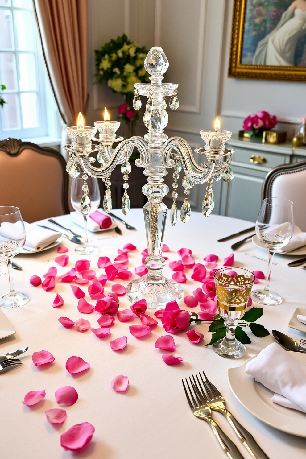 A beautifully set dining room for Valentine's Day features an elegant crystal candelabra as the centerpiece, casting a warm glow over the table. Surrounding the candelabra are delicate rose petals scattered across a crisp white tablecloth, complemented by fine china and gold-accented glassware.