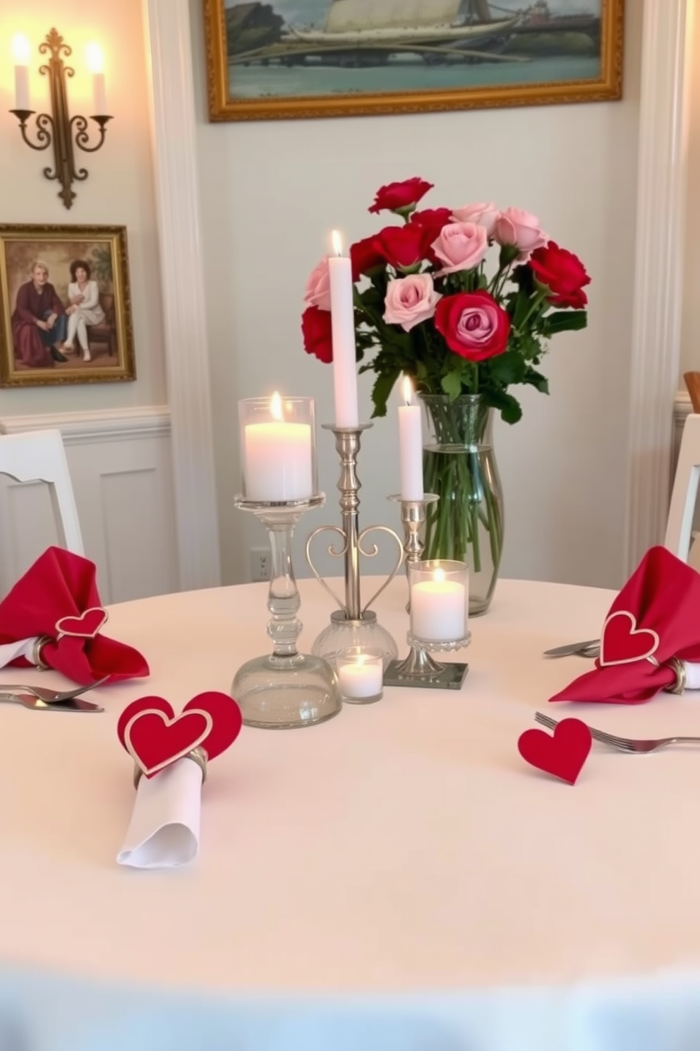 A charming dining room setting adorned with heart-themed napkin rings. The table is elegantly set with a white tablecloth, and each place setting features a delicate heart-shaped napkin ring that adds a touch of romance to the decor. Soft candlelight flickers from heart-shaped candle holders placed at the center of the table, creating an inviting atmosphere. Fresh flowers in shades of pink and red are arranged in a beautiful vase, complementing the Valentine's Day theme.