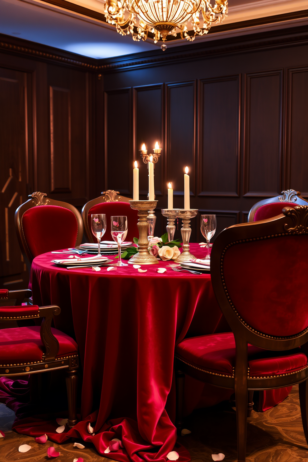 A luxurious dining room setting adorned with a deep red velvet tablecloth draping elegantly over a polished wooden table. Surrounding the table are plush upholstered chairs, each featuring intricate gold detailing, creating an inviting atmosphere for a romantic Valentine's Day dinner. Soft candlelight flickers from ornate candlesticks placed at the center of the table, enhancing the intimate ambiance. Delicate rose petals scatter across the table, complemented by crystal glassware and fine china, setting the stage for a memorable celebration.