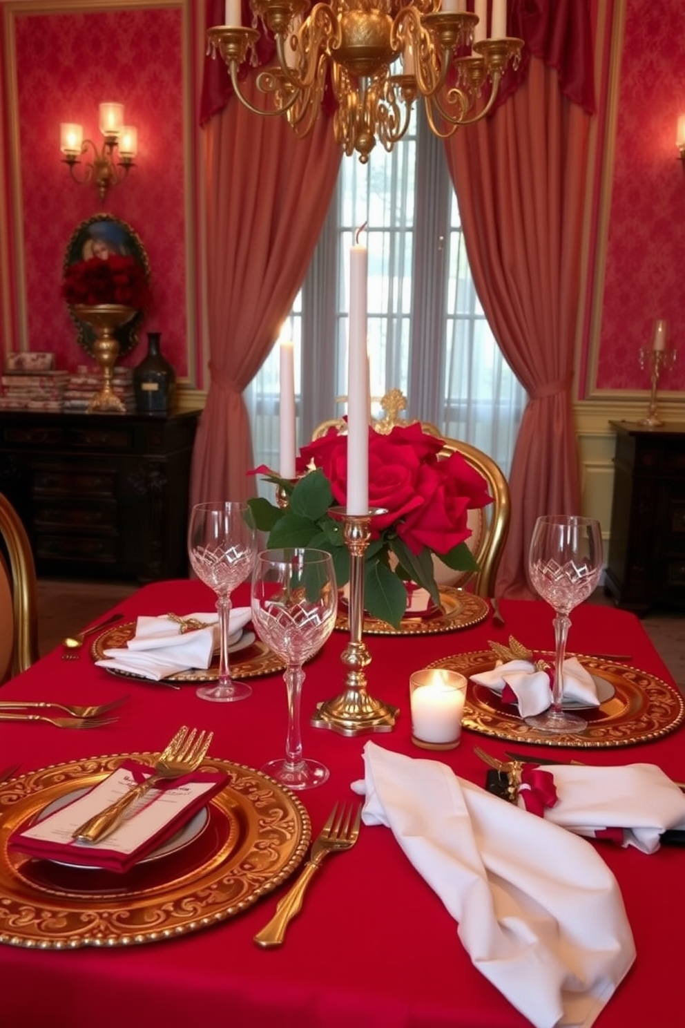 A romantic dining room setting for Valentine's Day, featuring an elegant table adorned with gold and red place settings. The tablecloth is a rich crimson, while each place setting includes ornate gold chargers, fine china, and crystal glassware that sparkles in the soft candlelight.