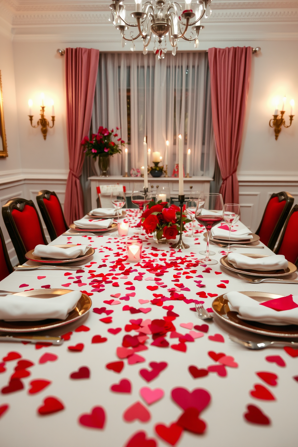 A romantic dining room setting adorned with heart-shaped confetti scattered across a beautifully set table. The table features a white tablecloth, elegant red dinnerware, and flickering candlelight, creating a warm and inviting atmosphere for a Valentine's Day celebration.