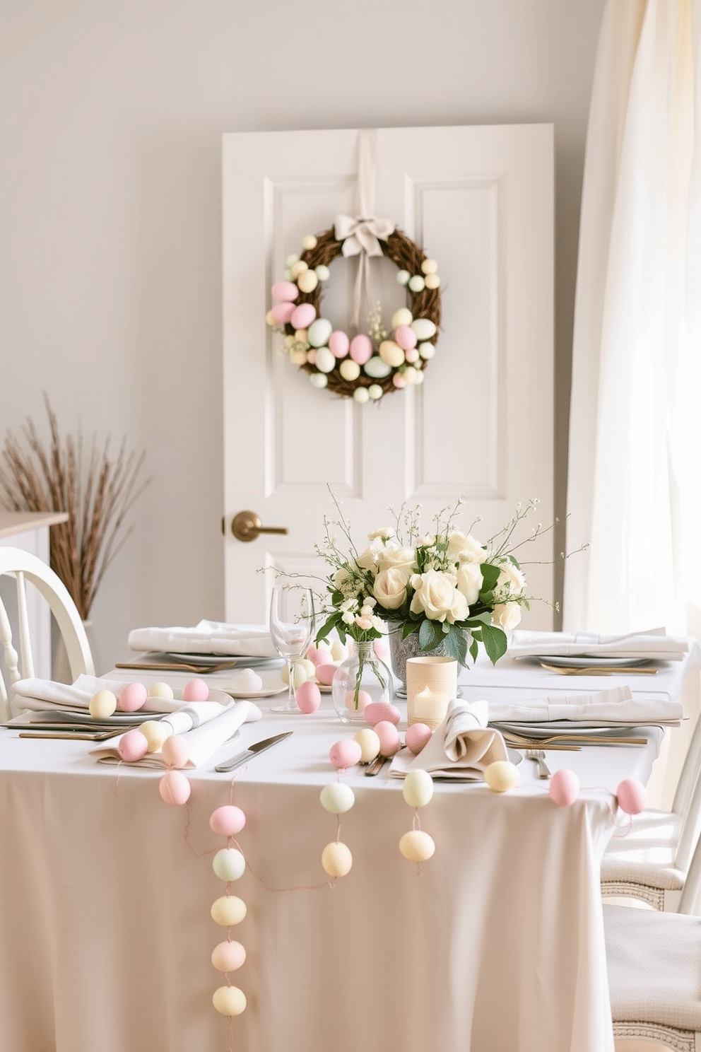 A charming Easter display featuring pastel-colored egg garlands draped elegantly across a light, airy dining table. The table is set with soft linen napkins and delicate floral arrangements, creating a festive yet sophisticated atmosphere. In the background, a pastel-hued wreath adorned with eggs hangs on the door, welcoming guests with a touch of seasonal cheer. Soft, natural light filters through sheer curtains, enhancing the gentle colors and inviting a sense of warmth and celebration.