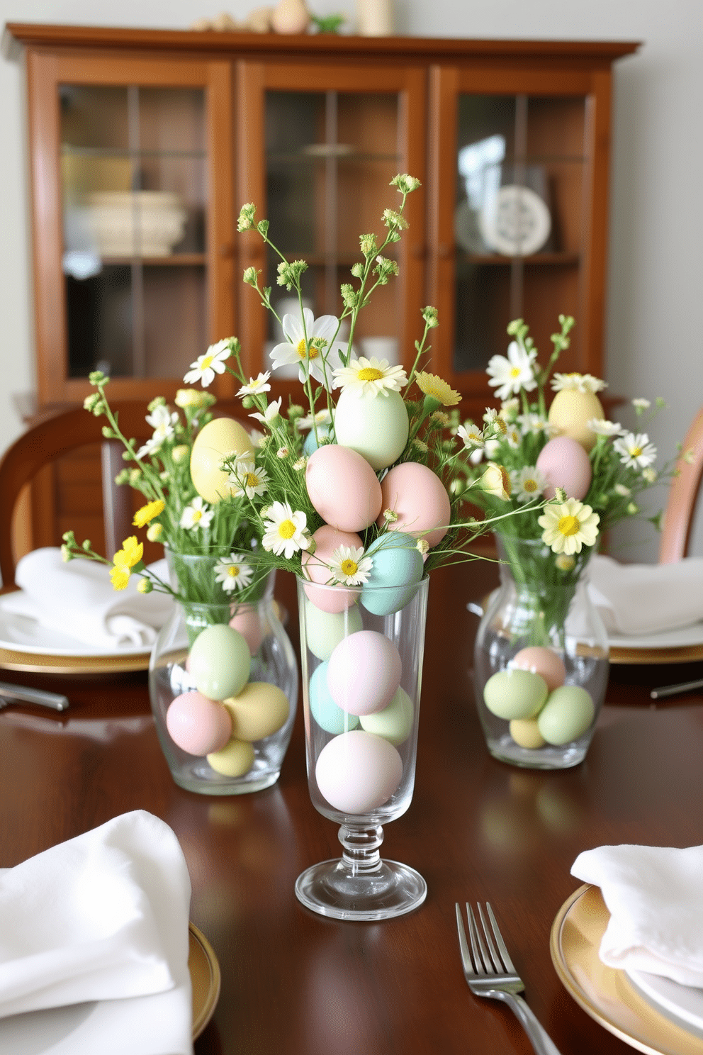 A charming Easter table setting featuring egg-filled glass vases arranged as centerpieces. The vases are adorned with pastel-colored eggs, surrounded by fresh spring flowers and delicate greenery, creating a festive and inviting atmosphere.