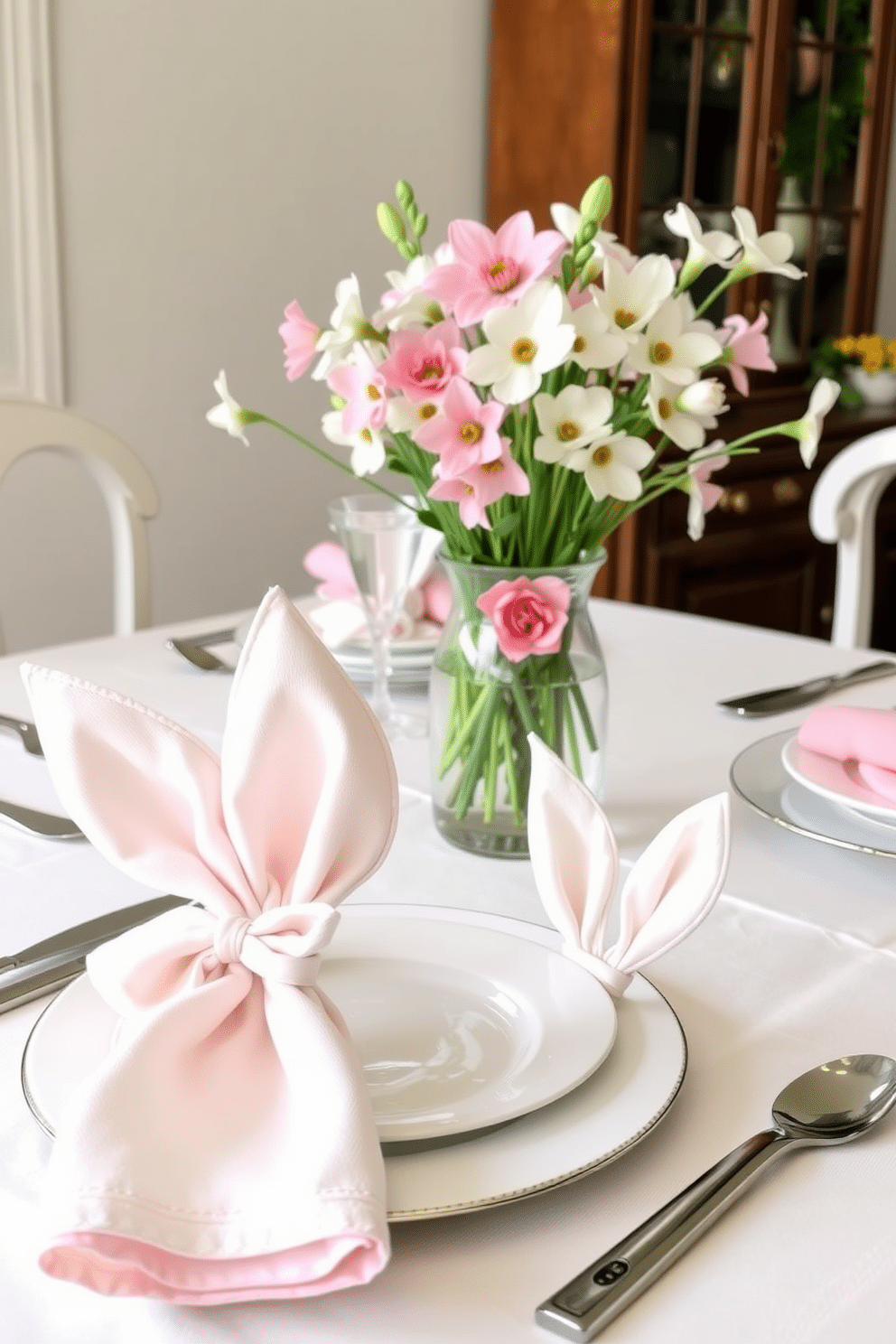 A charming Easter dining table setting featuring bunny ear napkin rings made from soft pastel fabric. The table is adorned with a light-colored tablecloth, and fresh spring flowers are arranged in a delicate vase at the center.