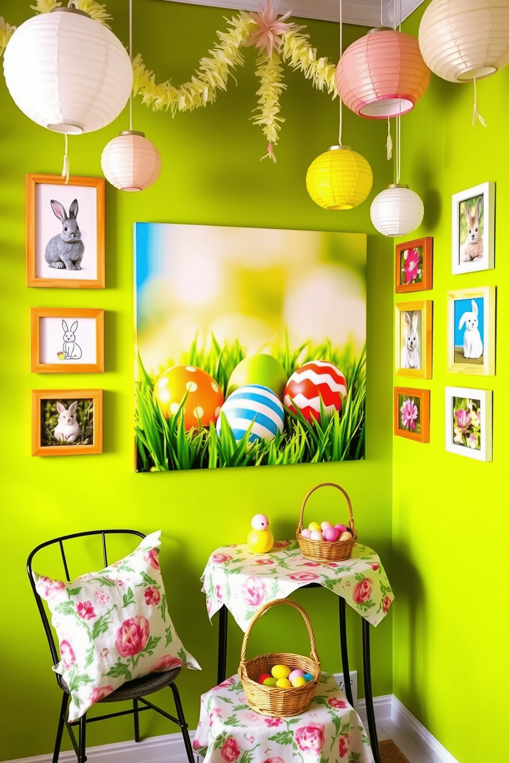 A vibrant Easter-themed wall art display featuring a large canvas print of colorful eggs nestled in a lush green grass background. Surrounding the canvas are smaller framed prints of bunnies and spring flowers, creating a cheerful and festive atmosphere. Incorporate decorative elements such as pastel-colored garlands and hanging paper lanterns to enhance the Easter spirit. A cozy nook with a small table adorned with a floral tablecloth and a basket filled with chocolate eggs adds a charming touch to the overall decor.