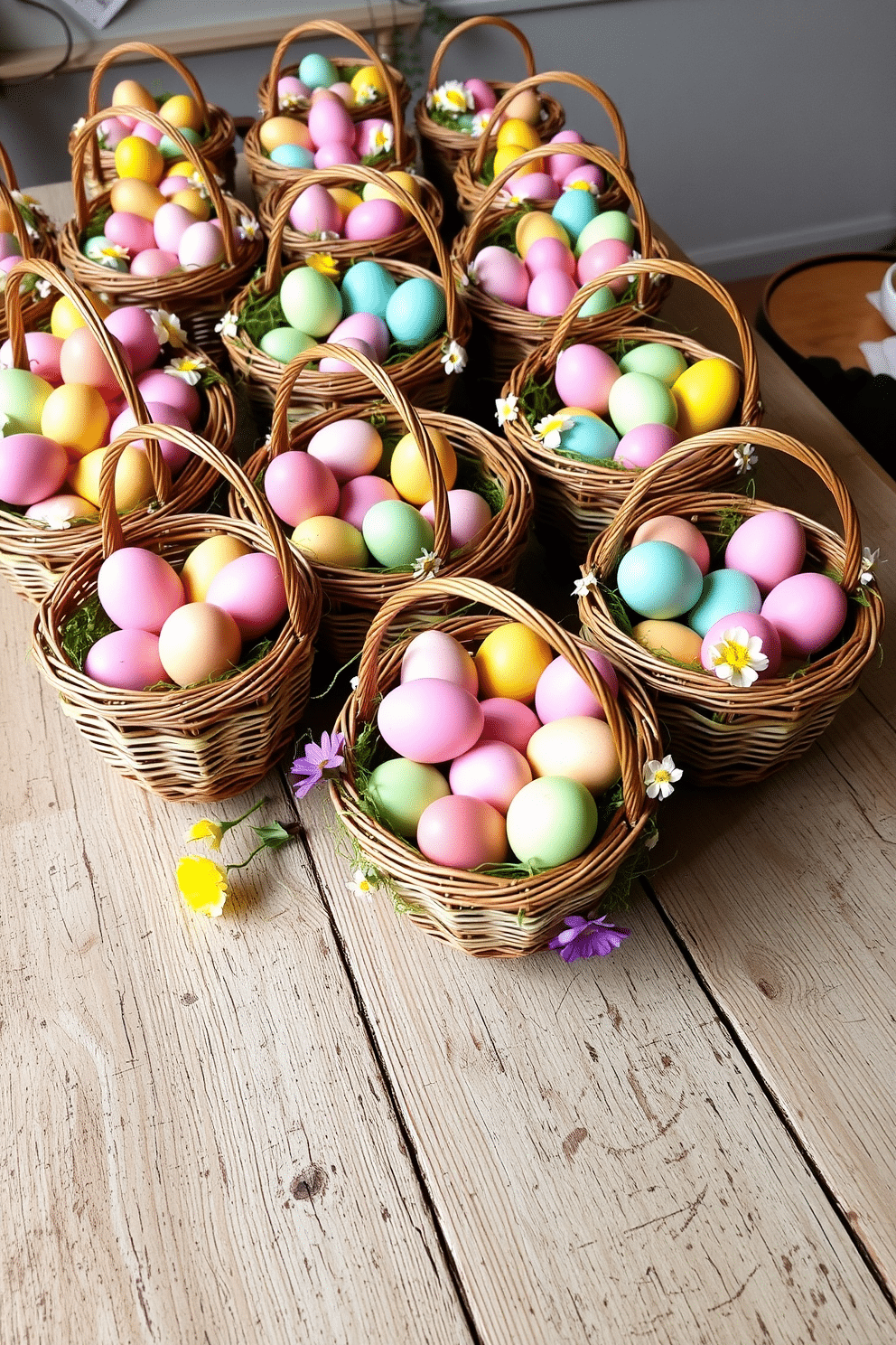 A vibrant Easter display featuring an array of colorful egg-filled baskets arranged on a rustic wooden table. Each basket is filled with eggs in various pastel shades, surrounded by fresh spring flowers and green moss for a festive touch.