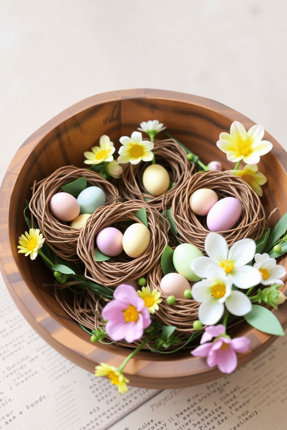 A charming Easter display featuring decorative bird nests nestled in a rustic wooden bowl. The nests are filled with pastel-colored eggs, surrounded by fresh spring flowers and soft greenery for a vibrant, seasonal touch.