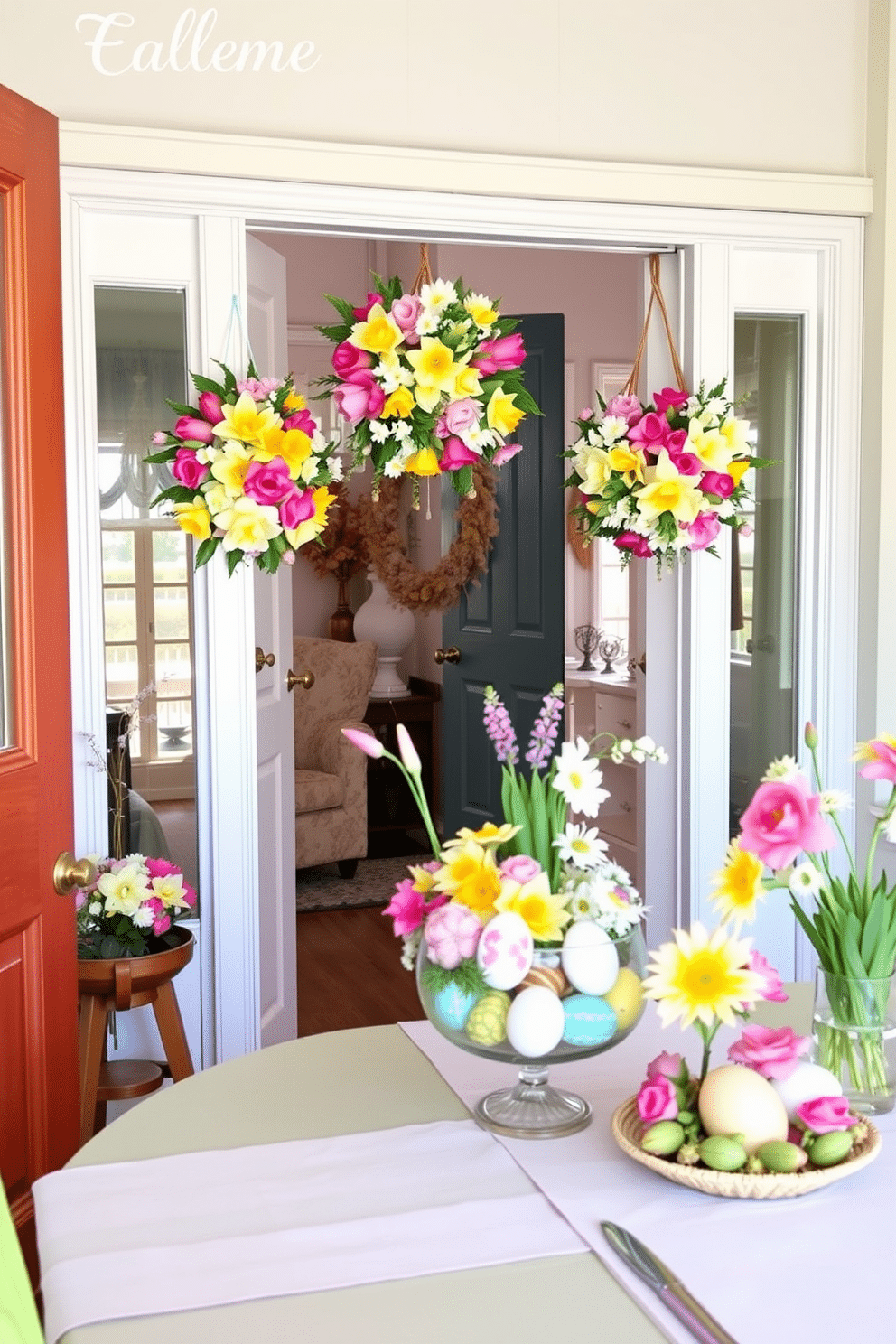 A charming spring entryway adorned with vibrant floral door hangers, featuring an array of pastel-colored blooms such as tulips, daffodils, and cherry blossoms. The door hangers are crafted from natural materials, adding a rustic touch to the festive decor. Inside, the space is enhanced with cheerful Easter decorations, including a beautifully arranged table centerpiece of painted eggs and fresh flowers. Soft pastel table linens complement the decor, creating a warm and inviting atmosphere for spring gatherings.