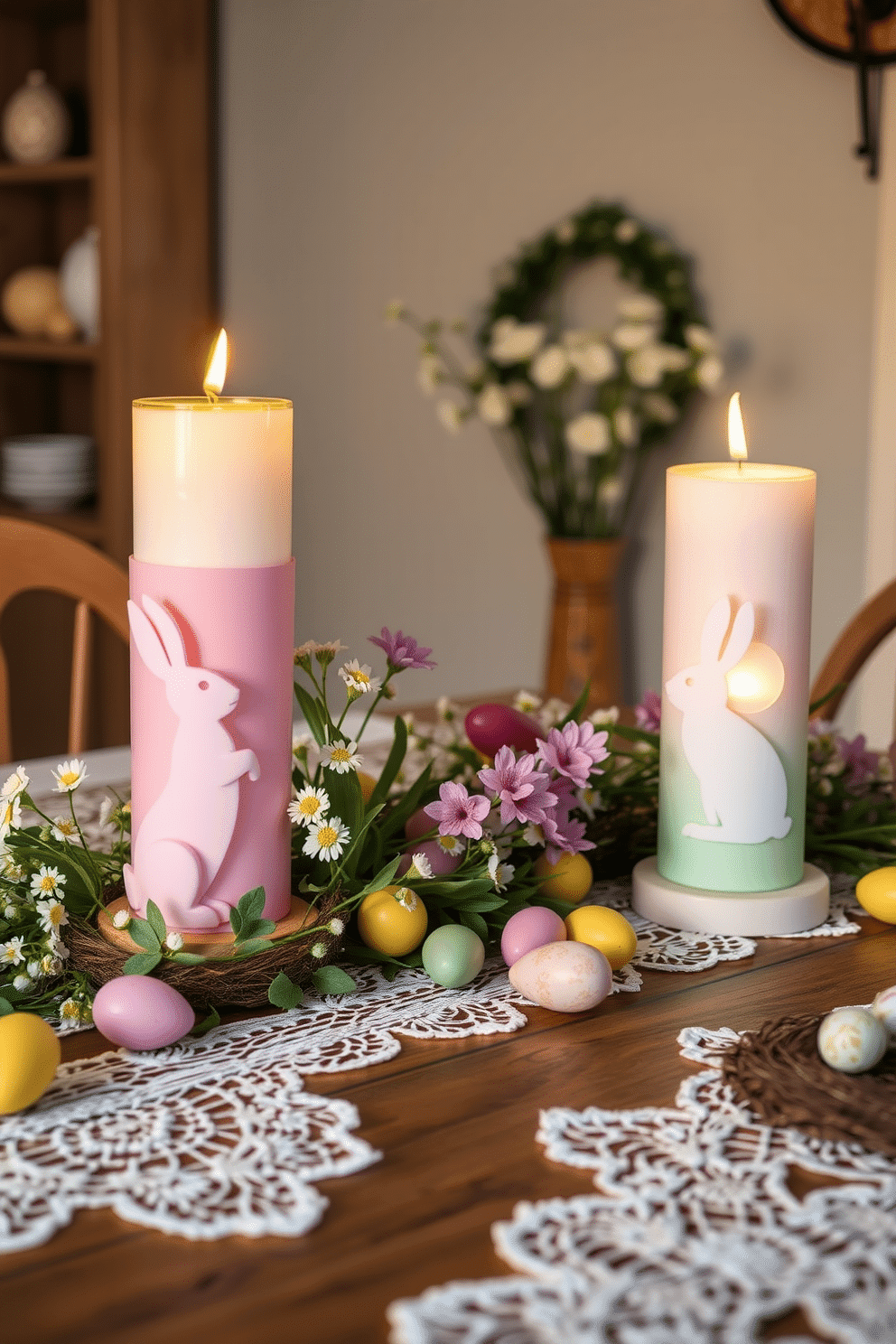 A charming arrangement of Easter-themed candle holders in pastel colors, featuring bunnies and eggs intricately designed. The holders are placed on a rustic wooden table, surrounded by fresh spring flowers and colorful Easter eggs for a festive touch. The scene is enhanced by soft, ambient lighting that casts gentle shadows, creating a warm and inviting atmosphere. Delicate lace table runners and decorative elements like small nests add to the overall Easter decorating theme.