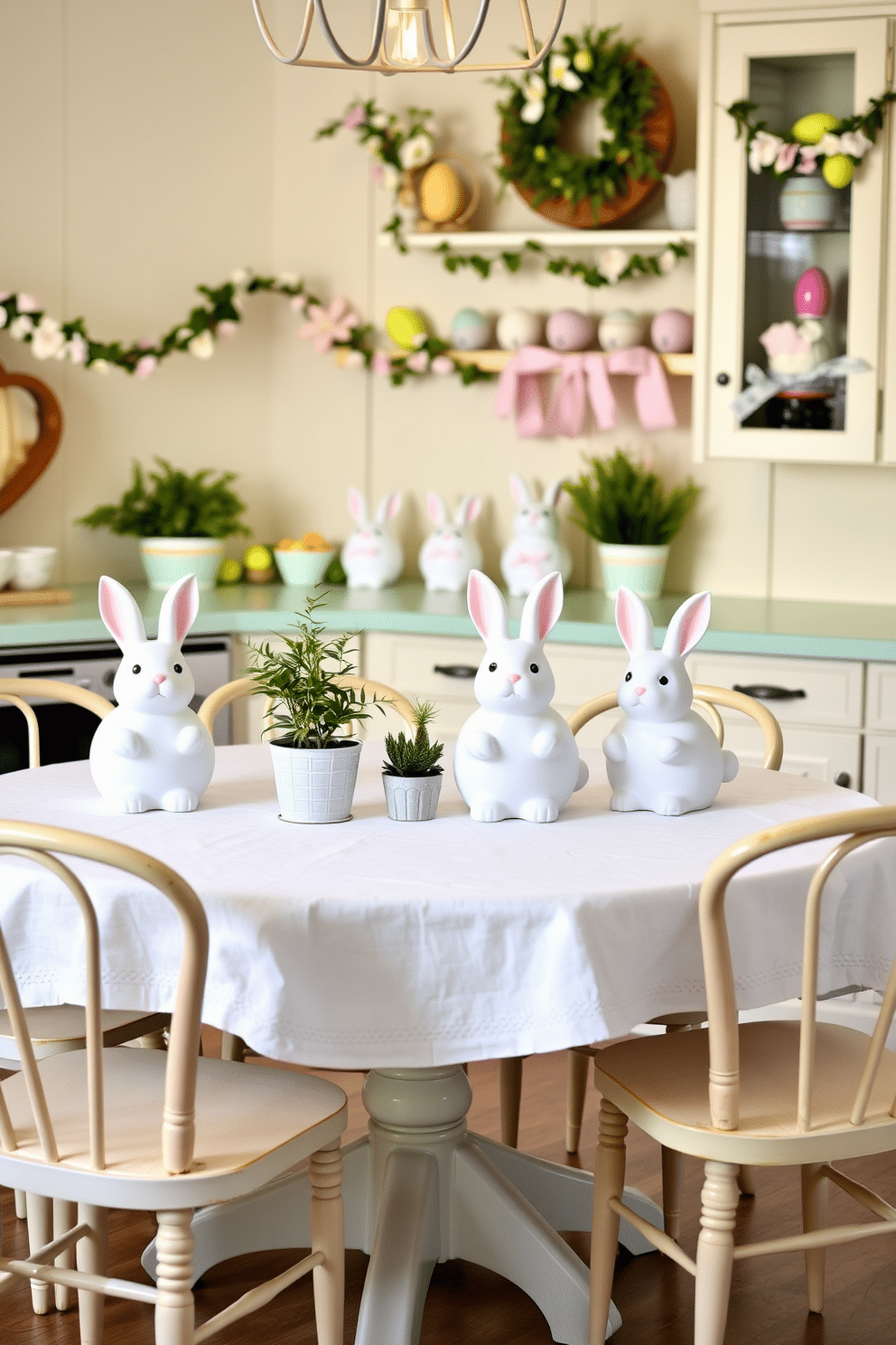 A charming Easter-themed kitchen setting featuring whimsical bunny-shaped cookie jars displayed on a pastel-colored countertop. The background includes soft spring decorations, such as floral garlands and colorful eggs, creating a festive atmosphere. Incorporate a cheerful dining table adorned with a light linen tablecloth, where the bunny cookie jars serve as the centerpiece. Surround the table with mismatched vintage chairs, and add small potted plants for a fresh, inviting touch.