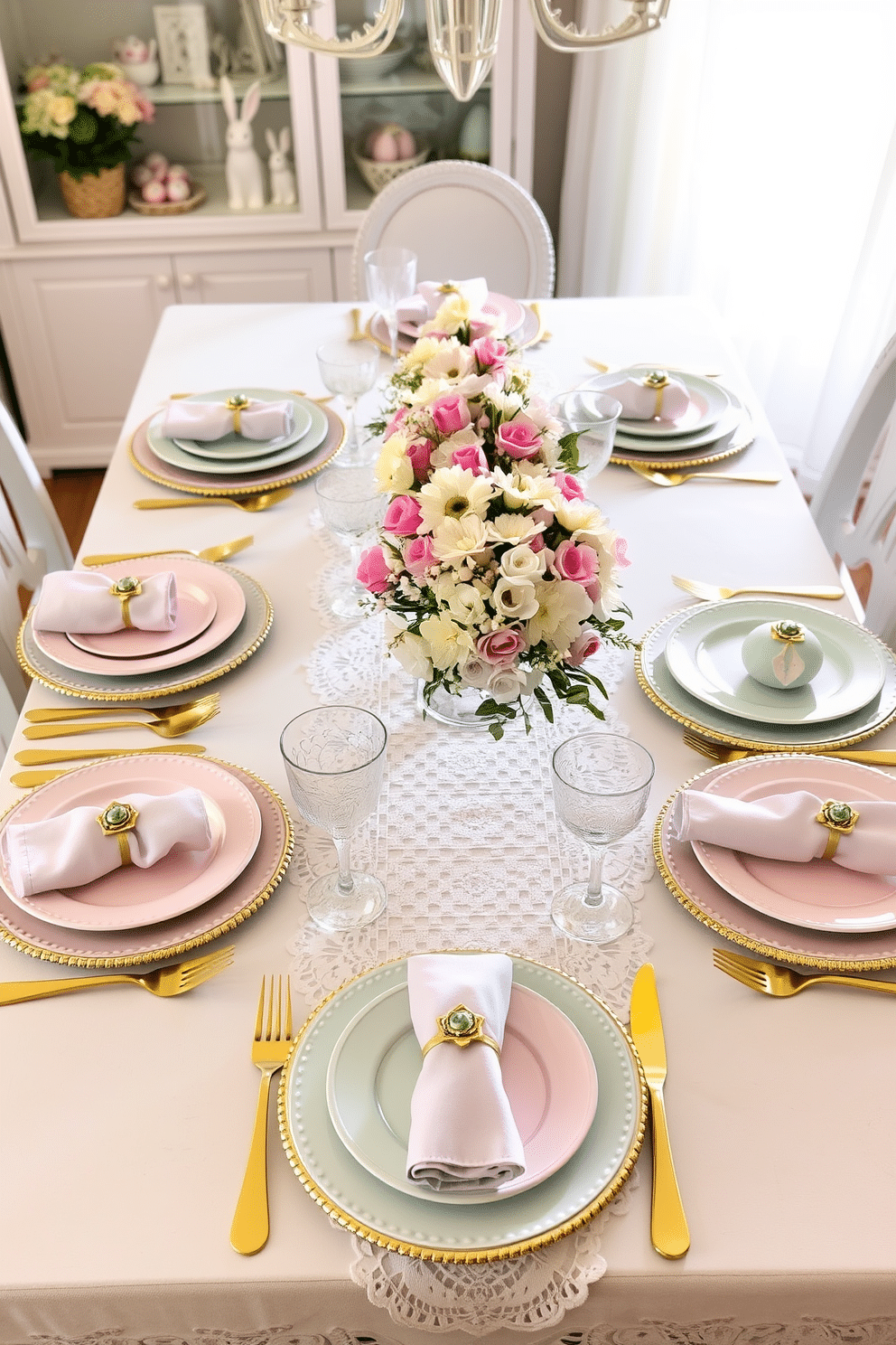 A beautifully set dining table adorned with pastel-colored dinnerware, featuring delicate plates in soft pink, mint green, and light lavender. The table is elegantly draped with a white lace tablecloth, and each place setting is accented with matching pastel napkins and gold flatware. In the center of the table, a charming floral arrangement of spring blooms in pastel shades adds a fresh touch. Surrounding the table, whimsical Easter decorations like painted eggs and bunny figurines enhance the festive atmosphere, creating a warm and inviting setting for a holiday gathering.