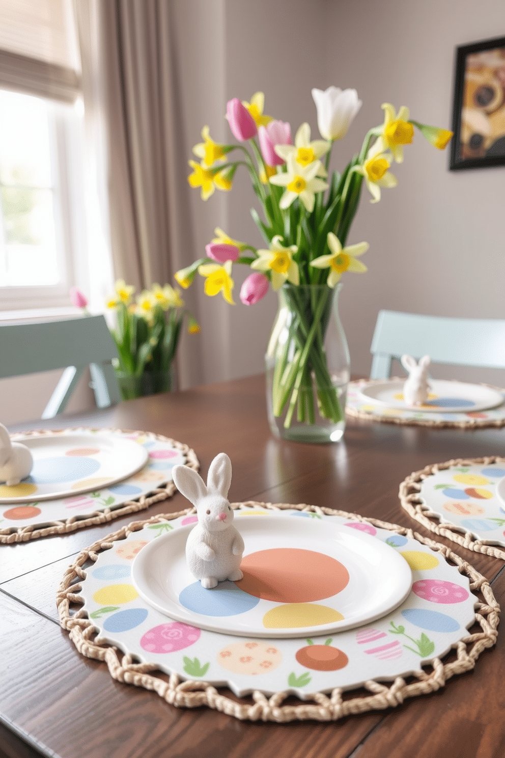 A vibrant Easter-themed dining setting featuring colorful placemats adorned with pastel eggs and floral patterns. The table is set with matching dinnerware, and small decorative bunnies are placed at each setting, adding a playful touch to the festive atmosphere. In the background, a cheerful spring bouquet of tulips and daffodils sits in a glass vase, enhancing the seasonal charm. Soft, natural light filters through the window, illuminating the cheerful colors and creating a warm, inviting ambiance.