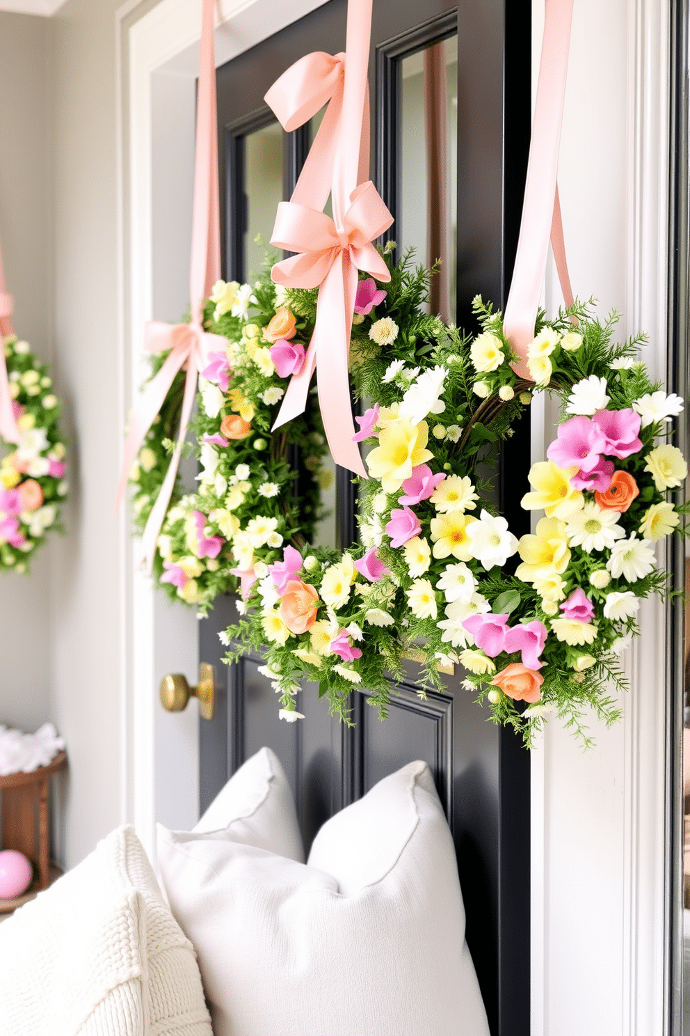 Floral wreaths adorned with delicate ribbons hang gracefully on the front door, welcoming guests with vibrant colors and seasonal charm. Inside, the living room is decorated with pastel accents, featuring a cozy arrangement of cushions and a soft throw blanket, enhancing the festive atmosphere of Easter.