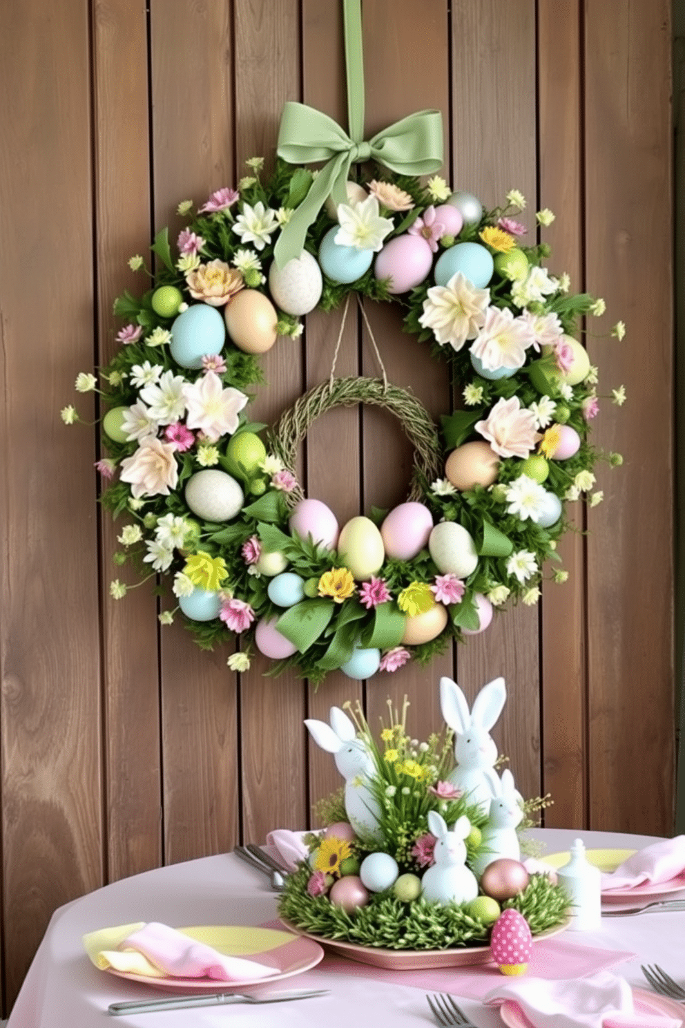 A vibrant decorative Easter egg wreath is displayed on a rustic wooden door, adorned with a mix of pastel-colored eggs, delicate flowers, and lush greenery. The wreath features a variety of textures, including glossy eggs and soft fabric blooms, creating an inviting spring ambiance. Inside, a festive Easter table setting showcases a beautifully arranged centerpiece with a smaller version of the egg wreath, surrounded by colorful place settings and bunny-themed decor. Soft pastel linens and cheerful tableware enhance the celebratory atmosphere, making it perfect for a family gathering or brunch.