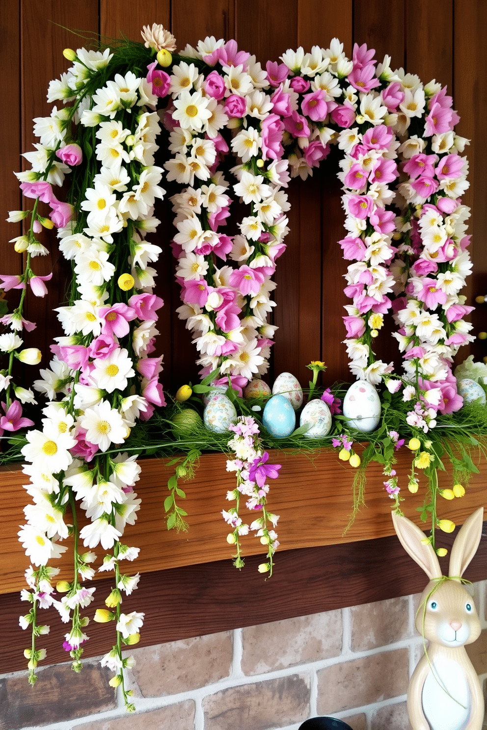 A vibrant spring setting adorned with colorful flower garlands draping gracefully across a rustic wooden mantel. The garlands are a mix of pastel blooms, including tulips and daisies, complemented by soft greenery that adds a fresh touch to the decor. Easter-themed decorations enhance the atmosphere, featuring intricately painted eggs nestled among the flowers. A charming bunny figurine sits at one end of the mantel, bringing a playful element to the festive display.