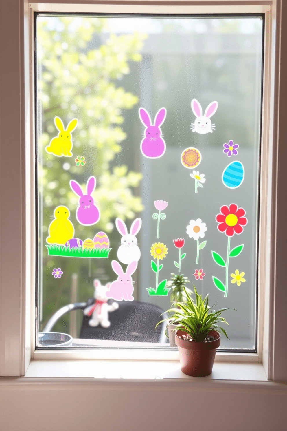 A cheerful Easter-themed window display featuring colorful window clings of bunnies, eggs, and spring flowers. The clings are arranged playfully on the glass, allowing sunlight to filter through and illuminate the vibrant colors. The backdrop is a soft pastel hue, enhancing the festive atmosphere of the room. A small potted plant sits on the windowsill, complementing the Easter decorations and adding a touch of greenery.