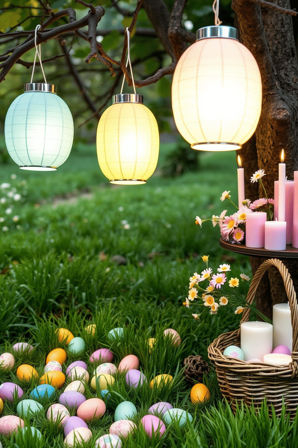 A charming Easter setting featuring pastel-colored lanterns hanging from tree branches, illuminating the scene with a soft, warm glow. The ground is adorned with a colorful array of Easter eggs nestled in lush green grass, creating a festive atmosphere. On a nearby table, a collection of pastel-hued candles complements the lanterns, adding to the serene ambiance. Fresh flowers in delicate shades of pink and yellow are arranged in a rustic basket, enhancing the cheerful decor.