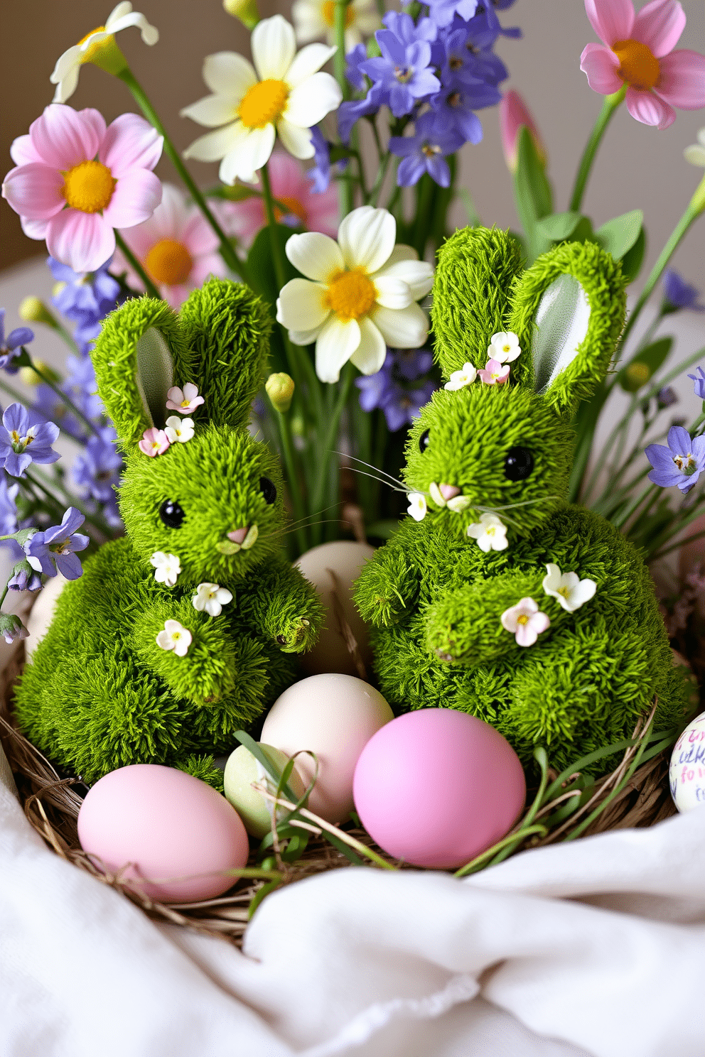 A whimsical Easter display featuring decorative moss bunnies nestled among vibrant spring flowers. The bunnies are crafted from lush green moss, with delicate floral accents and playful expressions, set against a backdrop of pastel-colored eggs and soft, textured linens.