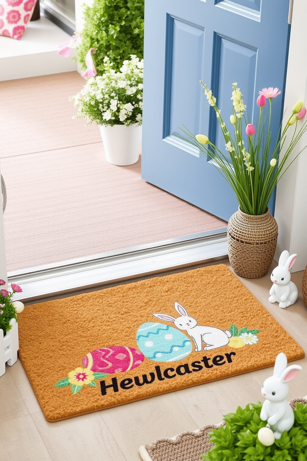 A charming Easter-themed doormat welcomes guests with a vibrant design featuring colorful eggs and playful bunnies. The mat is made from durable coir fibers, perfect for withstanding outdoor elements while adding a festive touch to the entryway. For Easter decorating ideas, consider incorporating pastel-colored table settings with floral centerpieces. Adorn your living space with decorative eggs and bunny figurines to create a cheerful and inviting atmosphere.