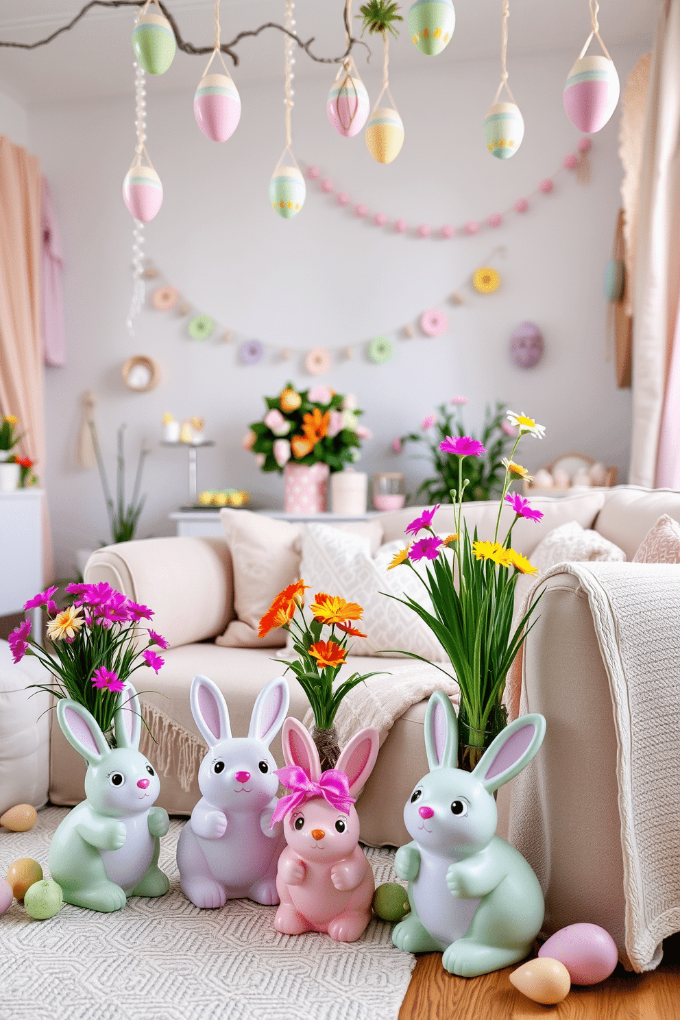 A whimsical Easter-themed living room featuring bunny-shaped plant pots scattered throughout the space. The pots are filled with vibrant spring flowers, adding a cheerful touch to the decor. The room is adorned with pastel-colored decorations, including garlands and painted eggs hanging from the ceiling. A cozy seating area is set up with soft cushions and a light throw blanket, creating a welcoming atmosphere for family gatherings.