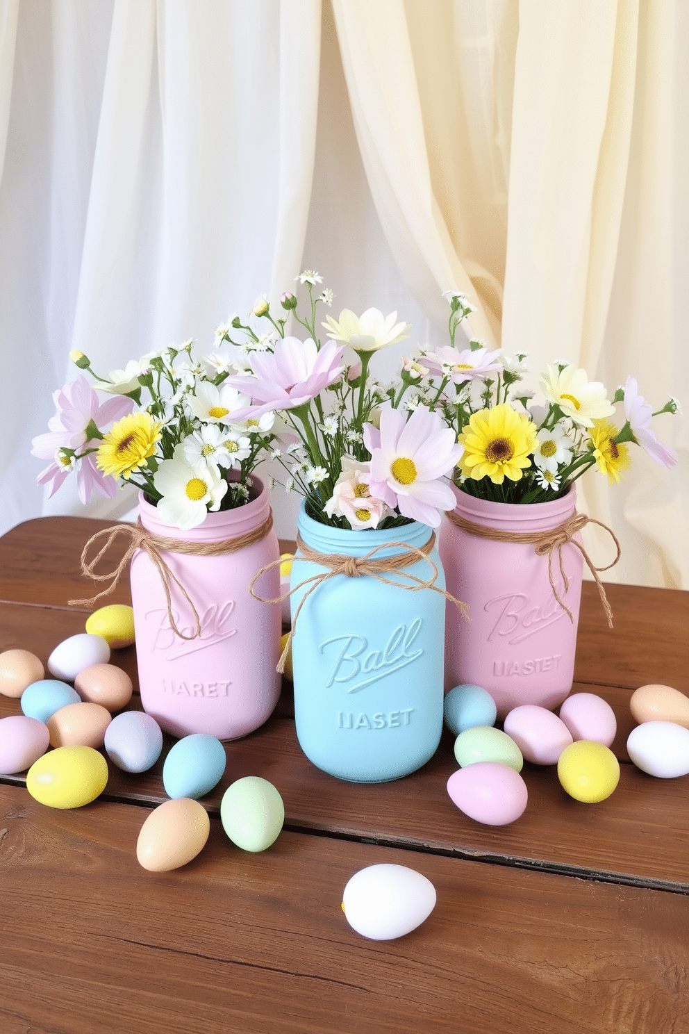 A charming display of pastel-colored mason jars filled with fresh spring flowers sits on a rustic wooden table. The jars, in soft shades of pink, blue, and yellow, are adorned with delicate lace and twine, creating a whimsical centerpiece for an Easter gathering. Surrounding the jars, scattered pastel eggs in various sizes add a playful touch to the decor. A backdrop of light, airy fabrics drapes softly behind the arrangement, enhancing the festive and cheerful atmosphere.