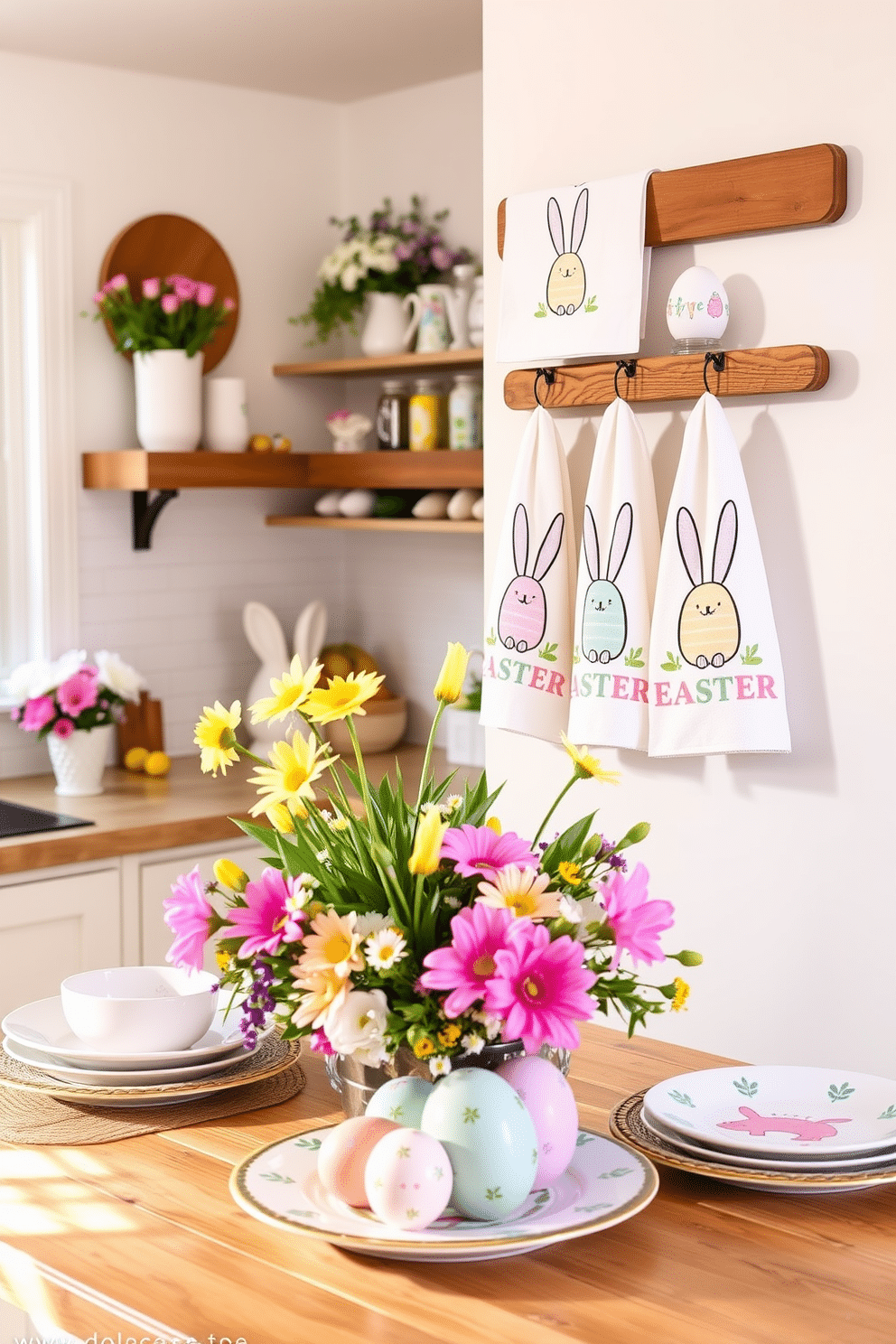 A cheerful kitchen setting adorned with Easter-themed towels featuring pastel colors and whimsical designs of bunnies and eggs. The towels are neatly hung on a wooden rack, complementing the bright, airy ambiance of the kitchen filled with springtime decorations like floral arrangements and colorful egg displays. The countertops are decorated with Easter-themed dishware, including plates and bowls showcasing playful motifs. A vibrant table centerpiece features a mix of fresh flowers and decorative eggs, enhancing the festive atmosphere of the space.