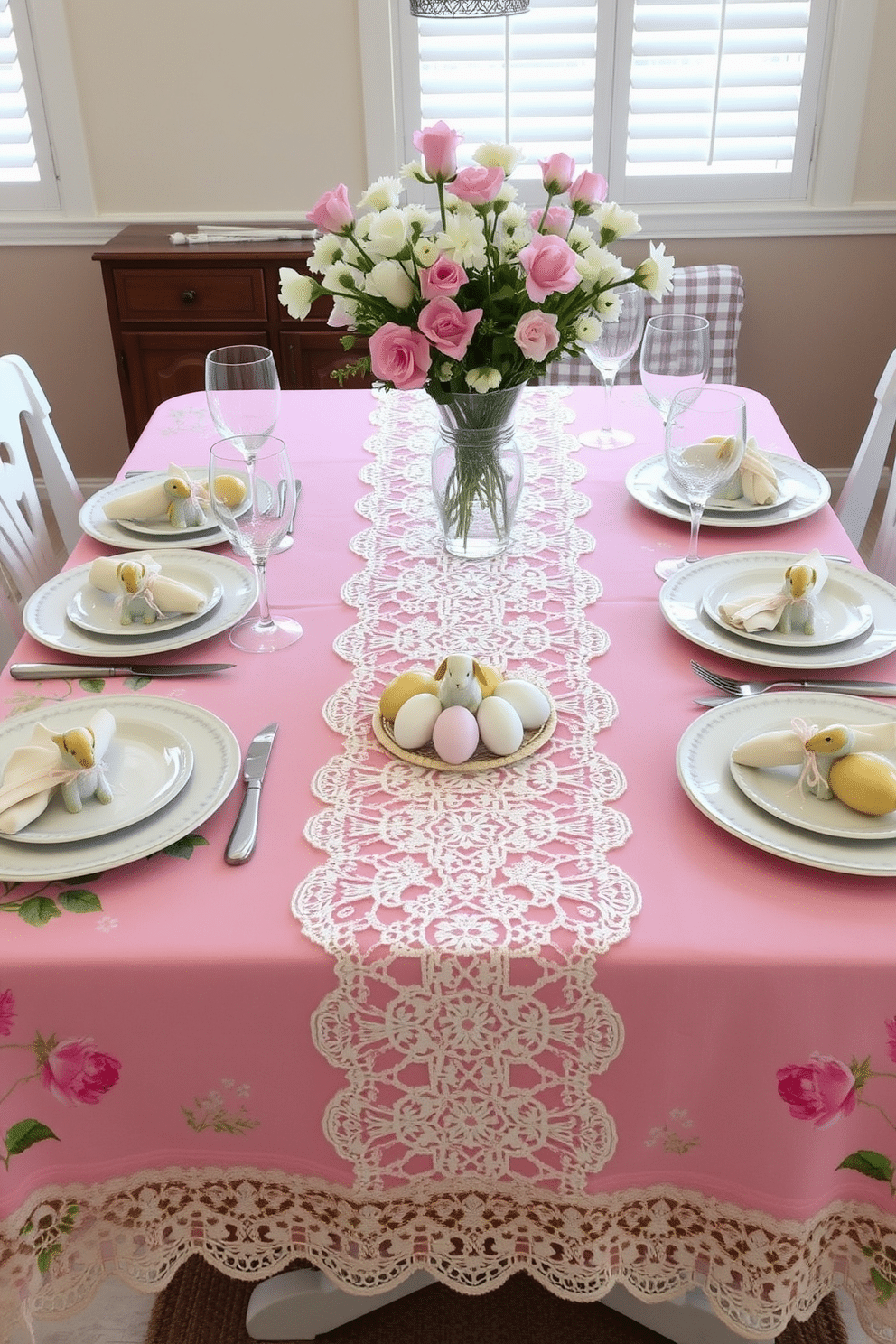 A vibrant spring-themed table setting featuring a pastel-colored tablecloth adorned with floral patterns. The table is elegantly set with matching plates, delicate glassware, and fresh spring flowers in a centerpiece vase. For Easter decorating ideas, envision a beautifully arranged dining table with an intricate lace table runner over a soft pink tablecloth. Accents of gold and white are incorporated through decorative eggs and small bunny figurines placed artfully around the table.