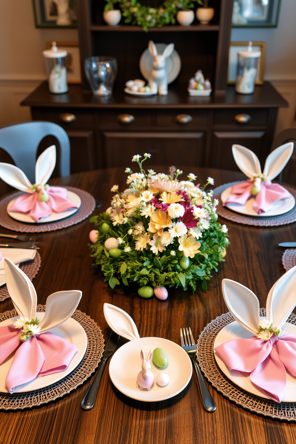 A whimsical dining table adorned with bunny-shaped table settings, featuring playful pastel colors and intricate details. Each place setting includes a bunny-shaped plate, complemented by matching napkins folded into bunny ears and delicate floral accents. The centerpiece showcases a charming arrangement of spring flowers in soft hues, surrounded by small decorative bunnies and colorful Easter eggs. Soft, ambient lighting enhances the festive atmosphere, creating a warm and inviting space for celebrating Easter.