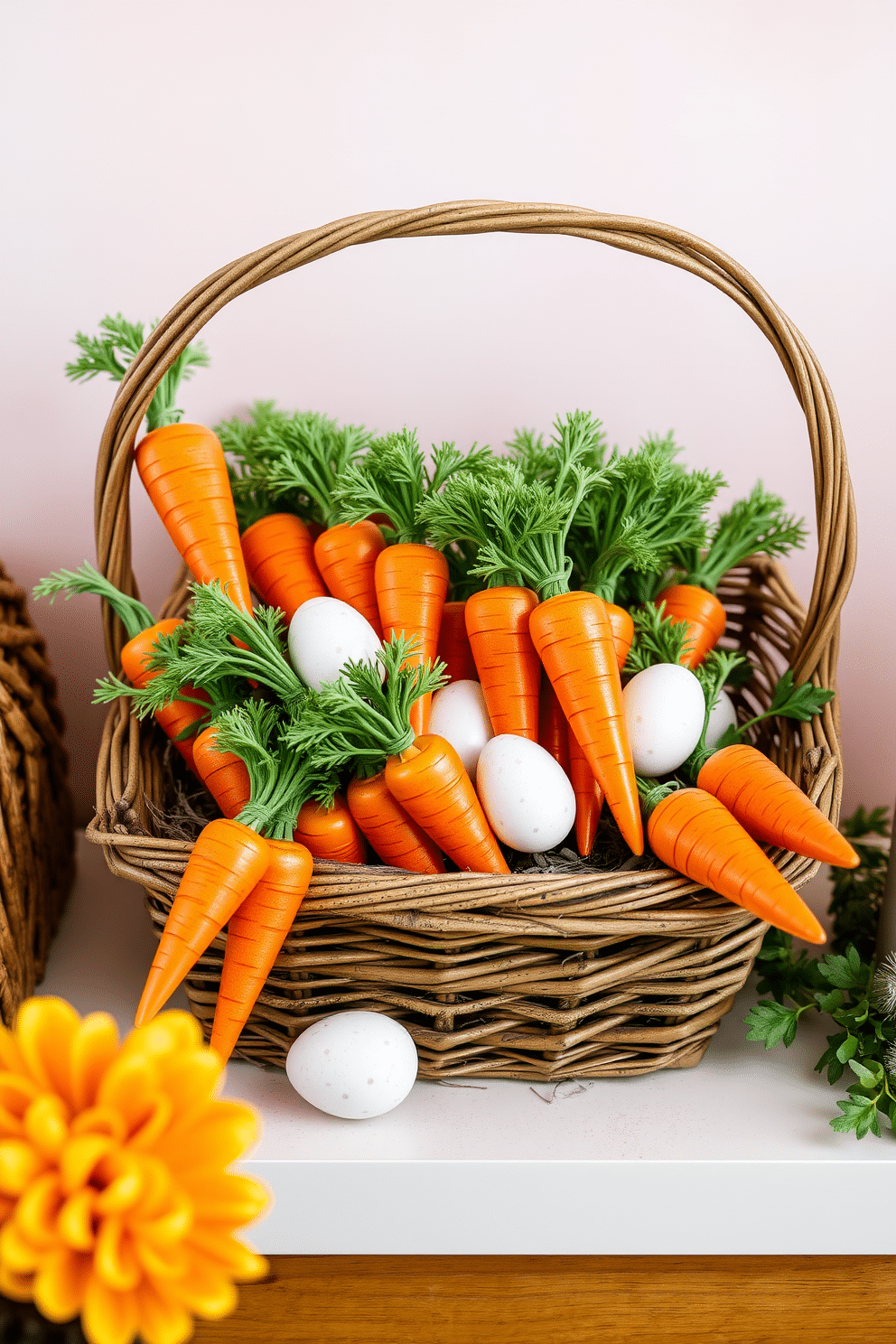 A charming Easter display featuring decorative carrot bundles arranged in a rustic wicker basket. The vibrant orange and green hues of the carrots contrast beautifully with a soft pastel backdrop, enhancing the festive atmosphere.