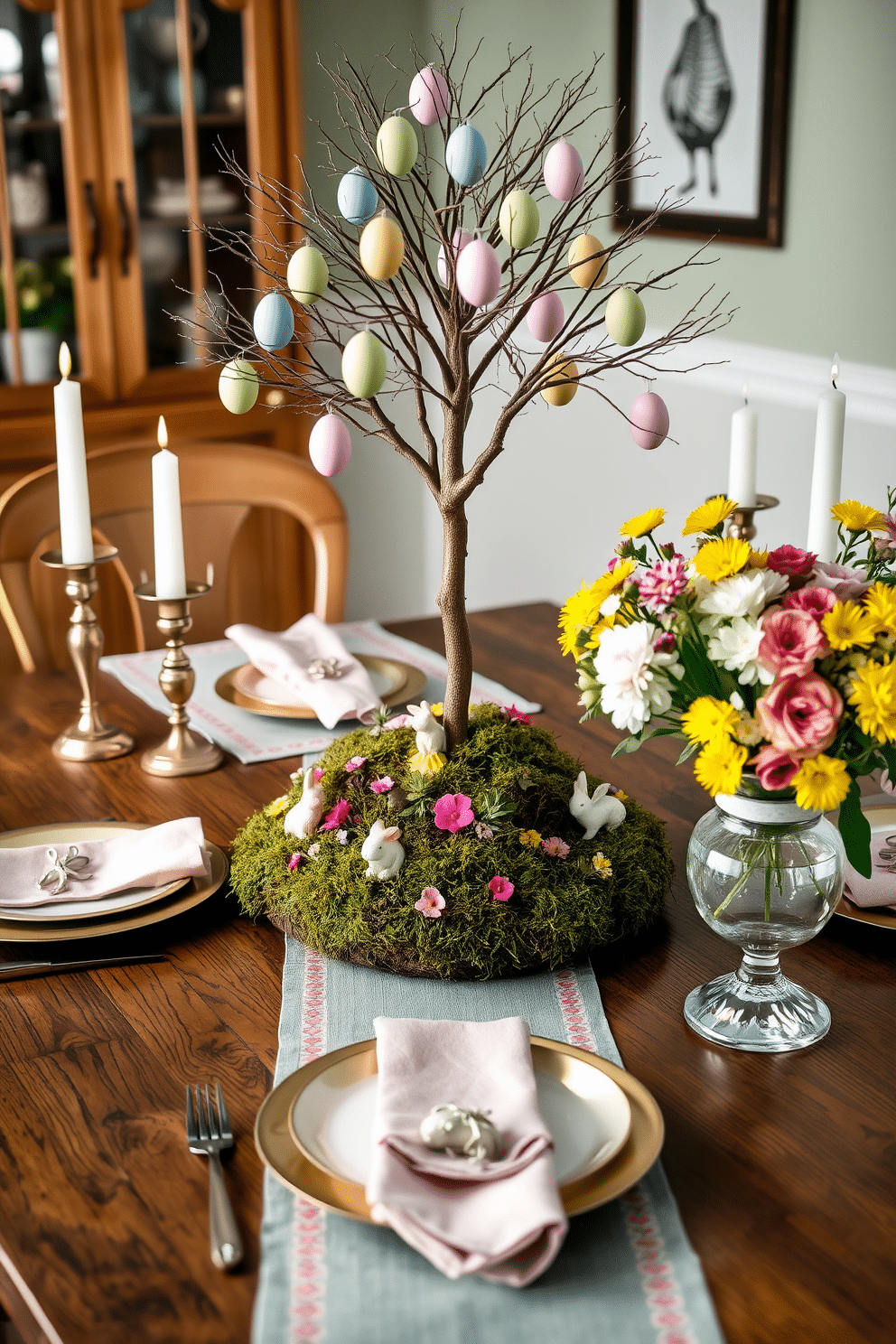 A charming Easter egg tree centerpiece stands tall on a rustic wooden dining table, adorned with pastel-colored eggs hanging from delicate branches. Surrounding the base of the tree, a soft moss bed is sprinkled with tiny flowers and decorative bunnies, creating a whimsical and festive atmosphere. Incorporate colorful table runners and matching napkins to enhance the Easter theme, while elegant candle holders with white candles add a touch of sophistication. Fresh spring flowers in a vase complete the setting, bringing a vibrant burst of color to the overall decor.